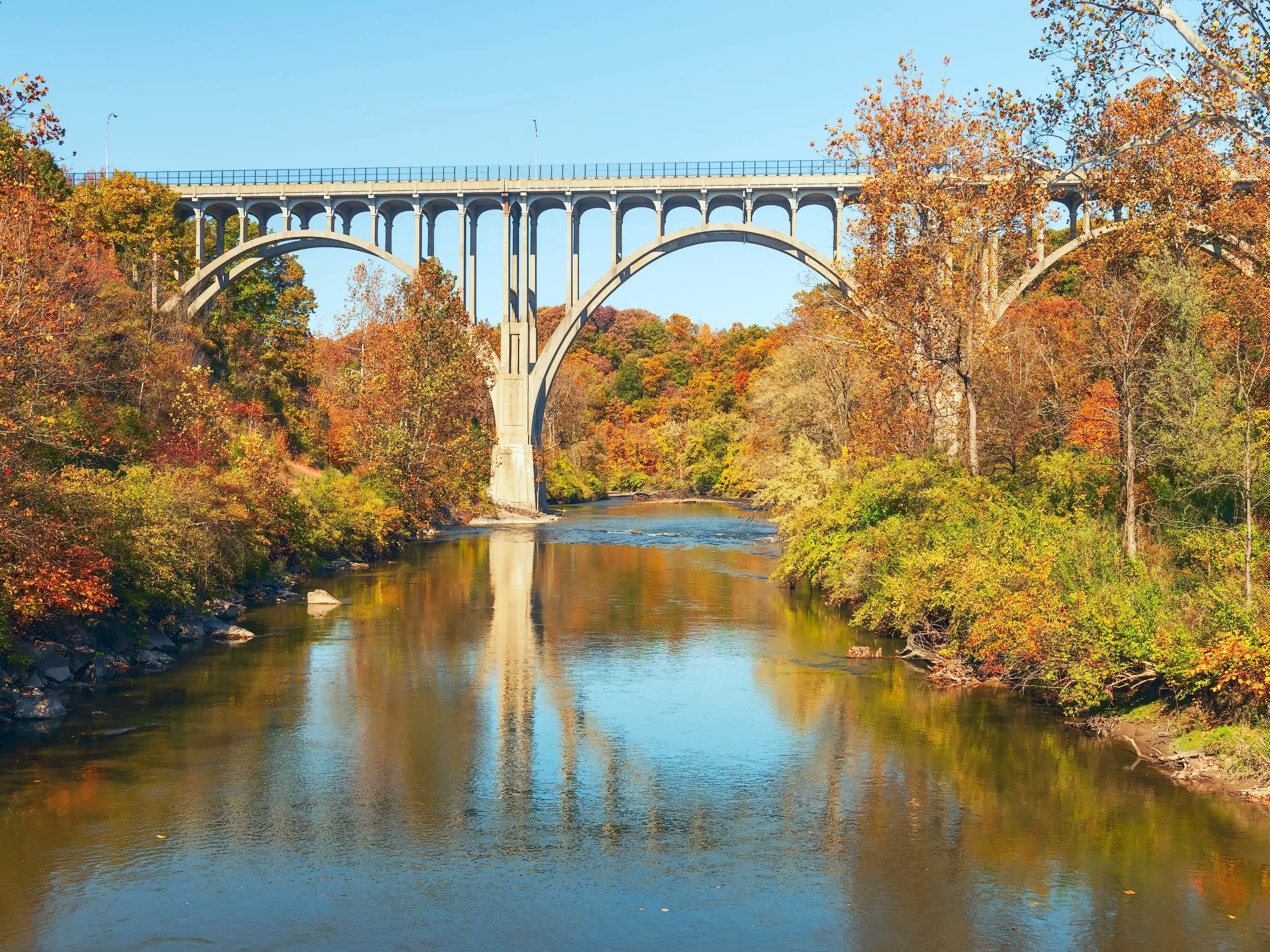 A tall bridge over a river surrounded by trees with autumn-colored leaves.