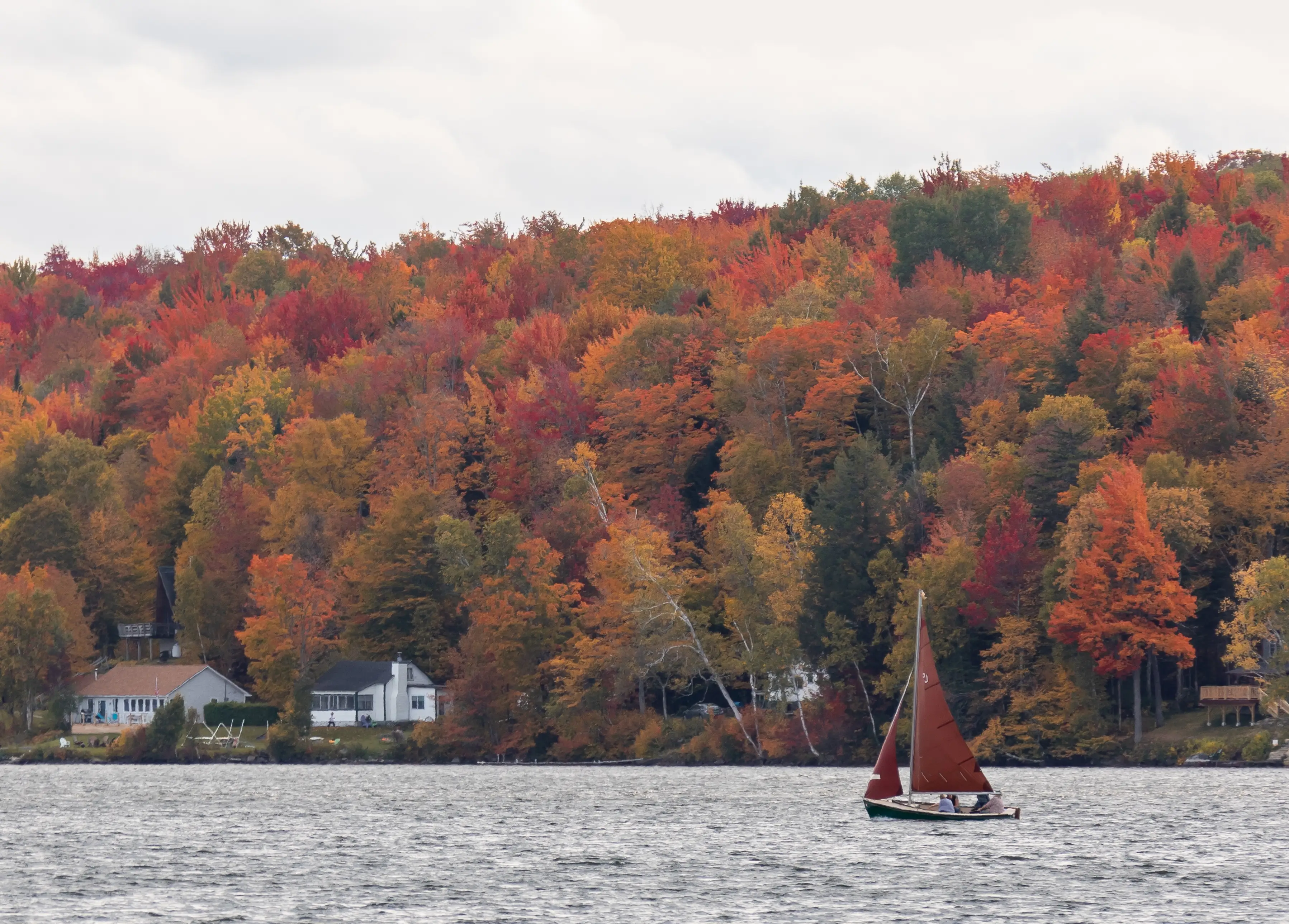 A boat on a river with lush autumn trees behind it.