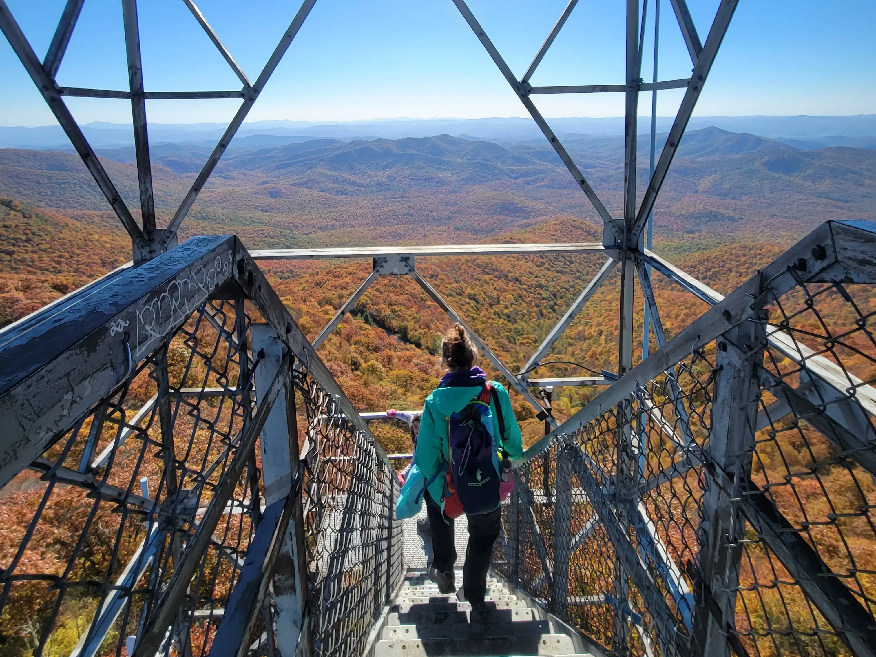 The author walking down the steps at Fryingpan Mountain Lookout Tower.