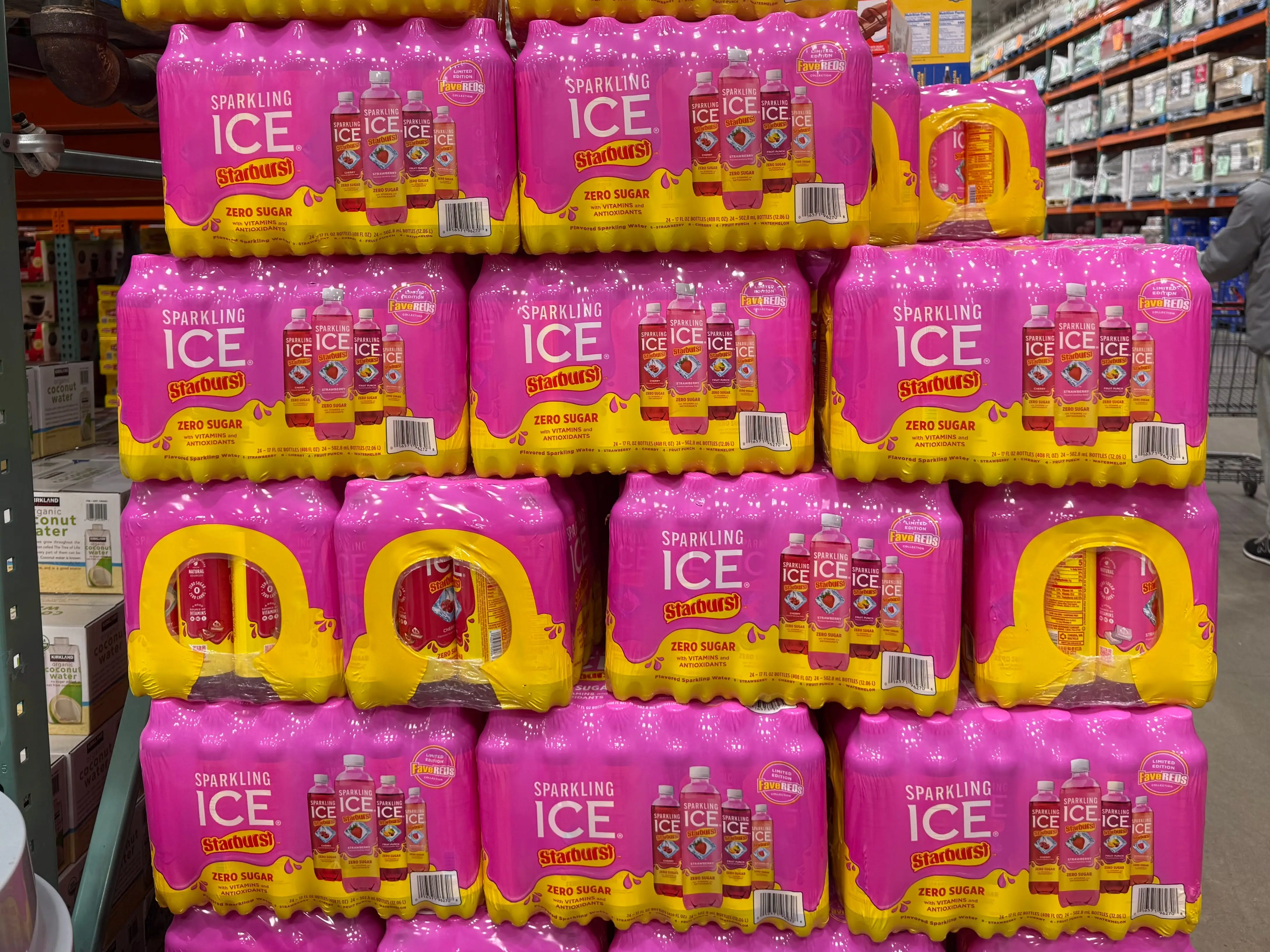 Packages of Ice Starburst-flavored sparkling drinks on display at Costco.