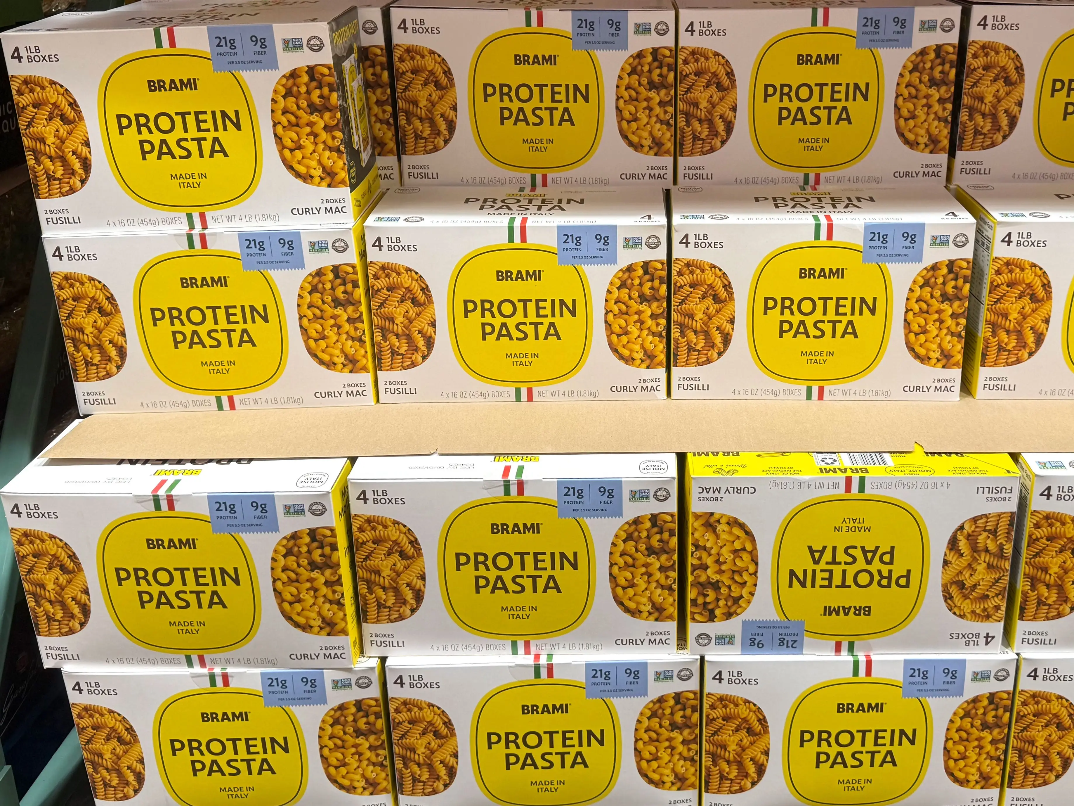 Boxes of Brami protein pasta on display at Costco.