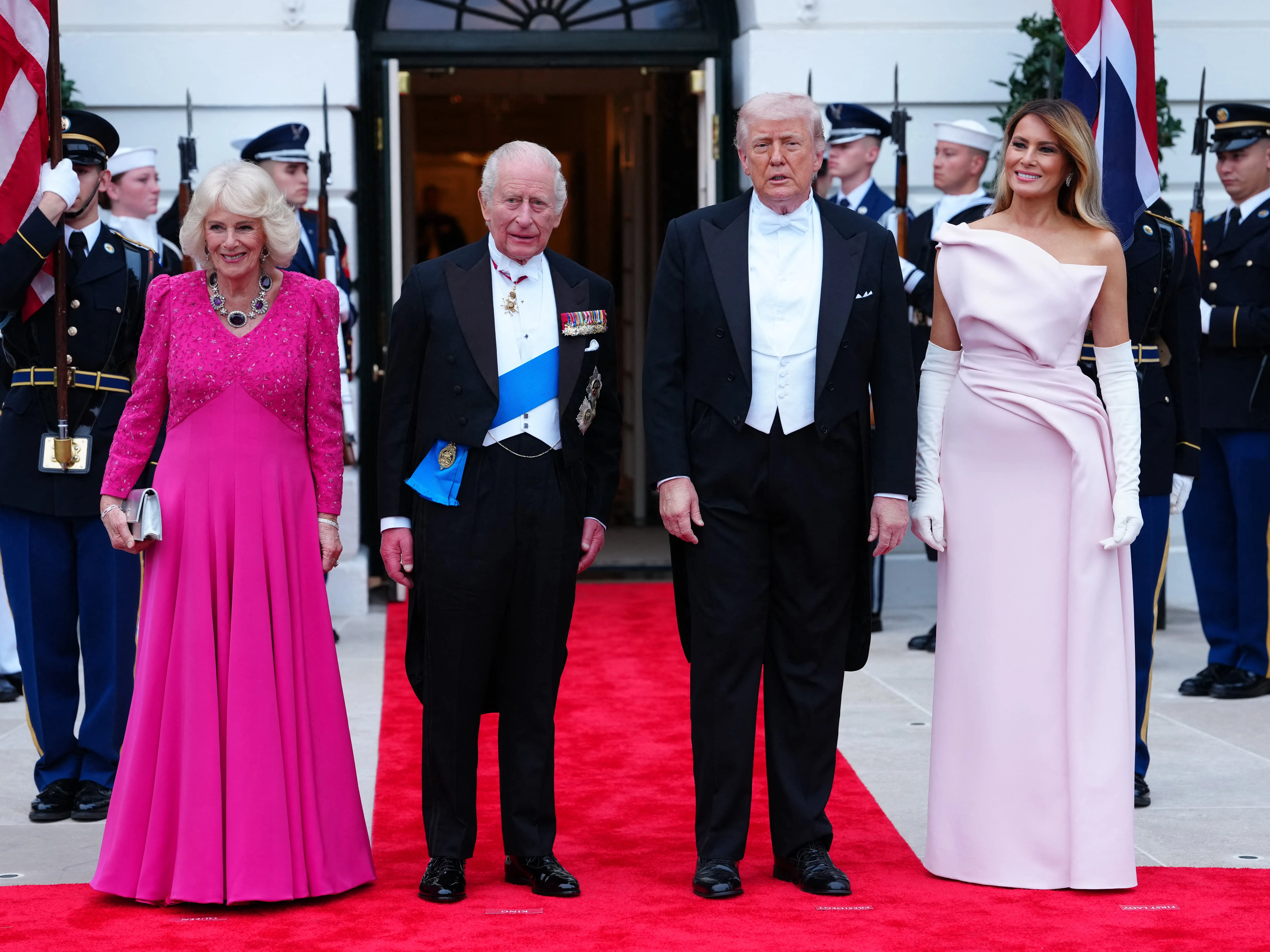 Queen Camilla, King Charles, Donald Trump, and Melania Trump at the White House in April 2026.