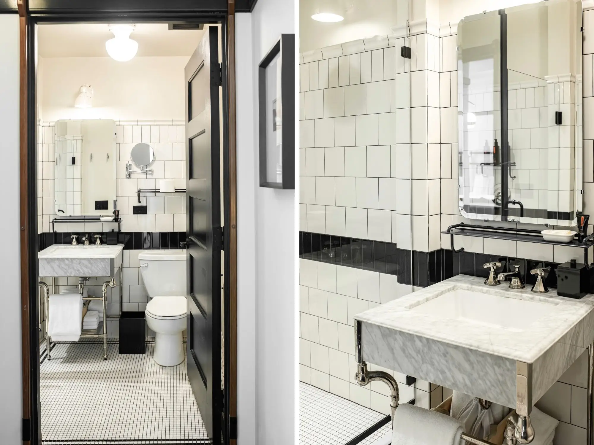 A composite image of the hotel bathroom seen from two angles