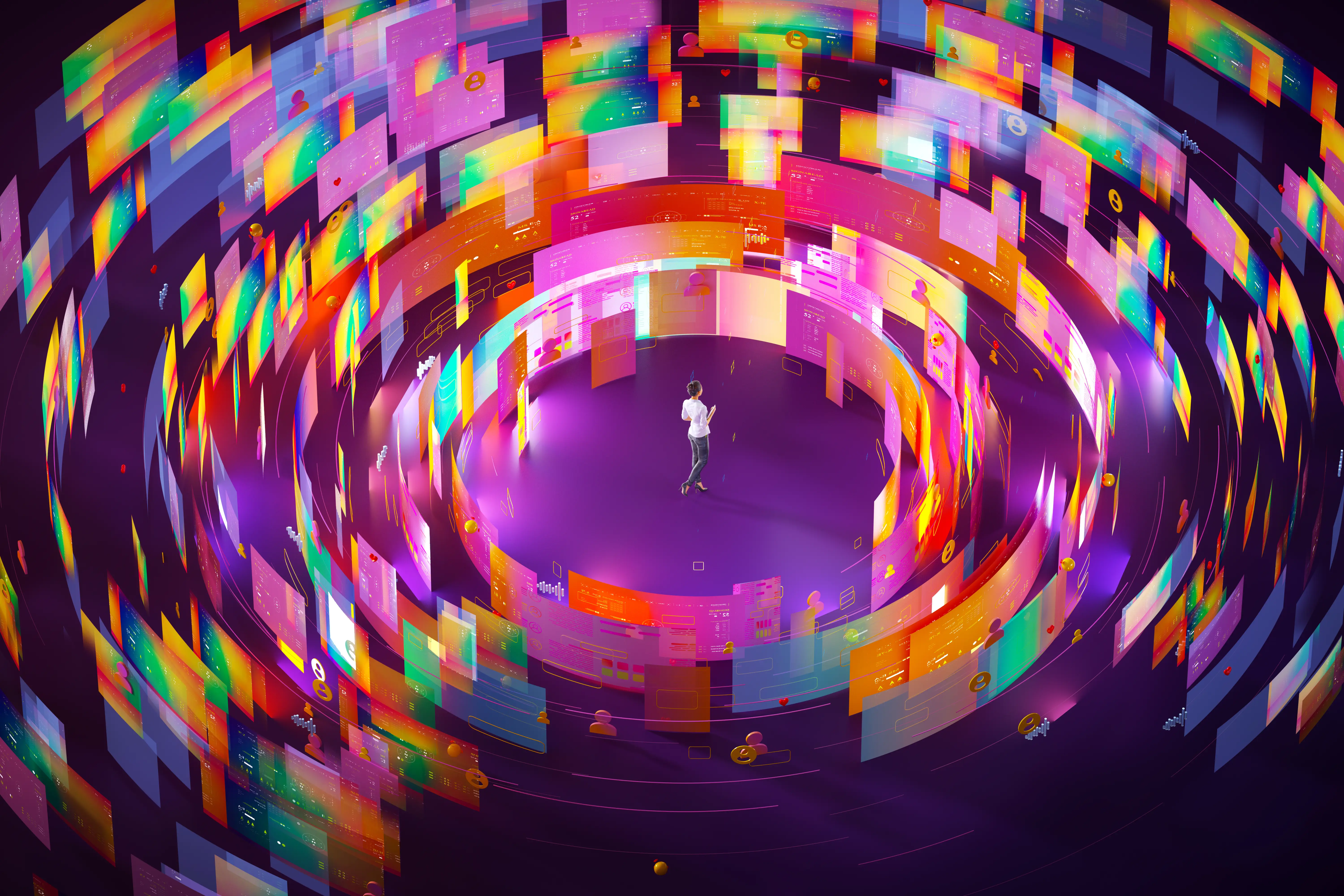 Illustration shows a woman amid swirling screens of light with a purple background