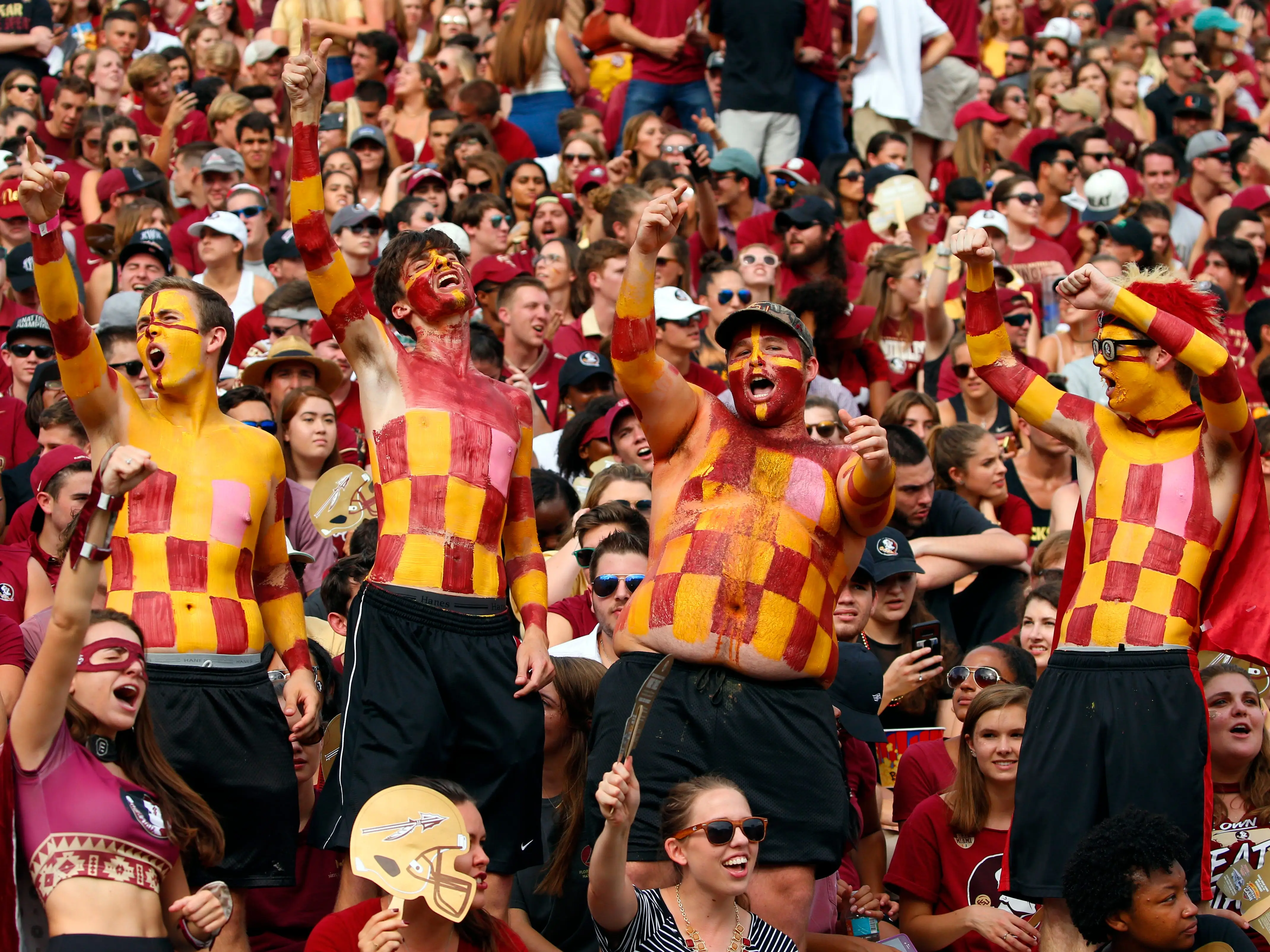 Florida State Seminoles fans cheer during the first half of an NCAA football game against the Miami Hurricanes at Doak S. Campbell Stadium on October 7, 2017 in Tallahassee, Florida. (