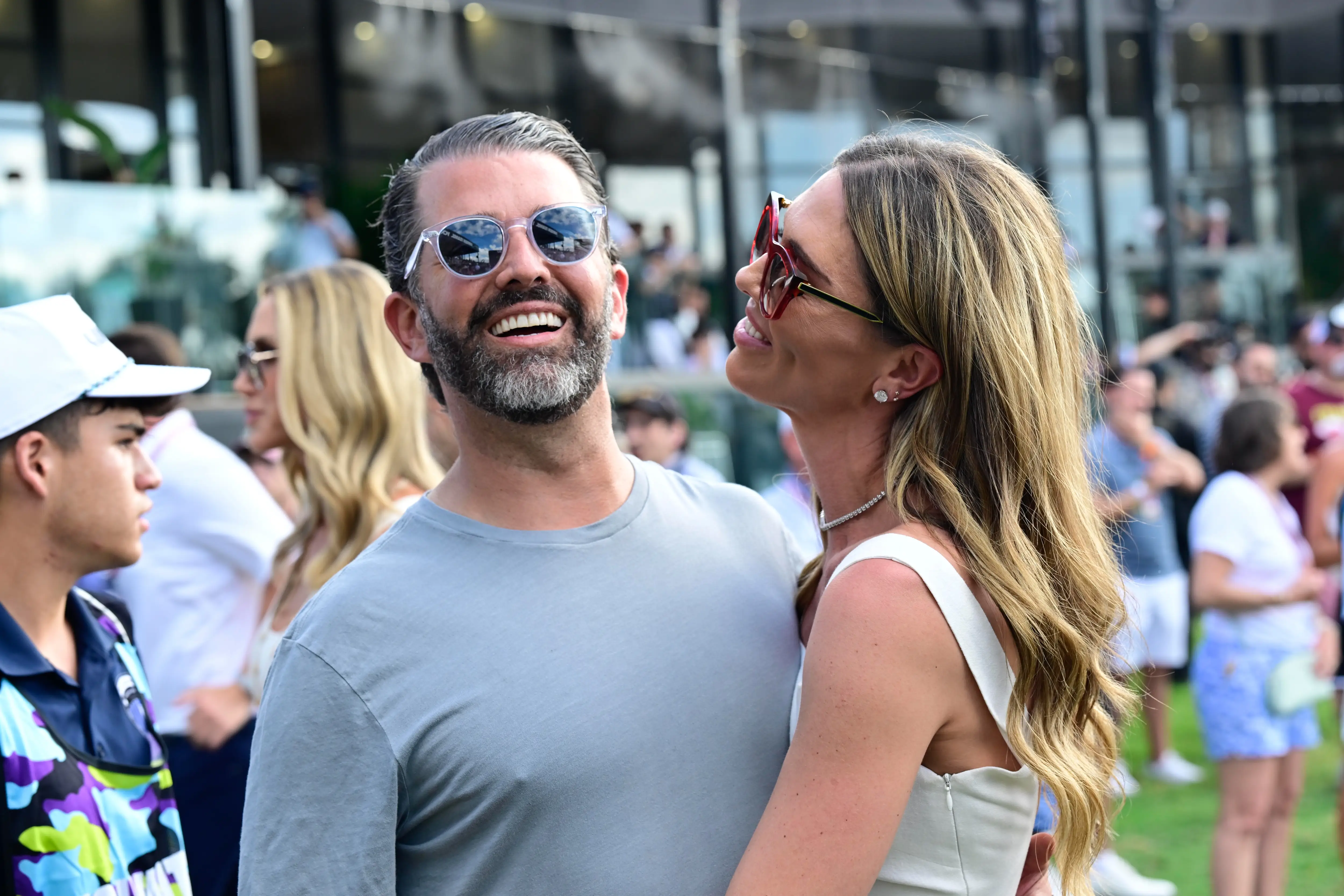 Donald Trump Jr. and Bettina Anderson at LIV Golf Miami in April 2025 at Trump National Doral in Doral, Florida.