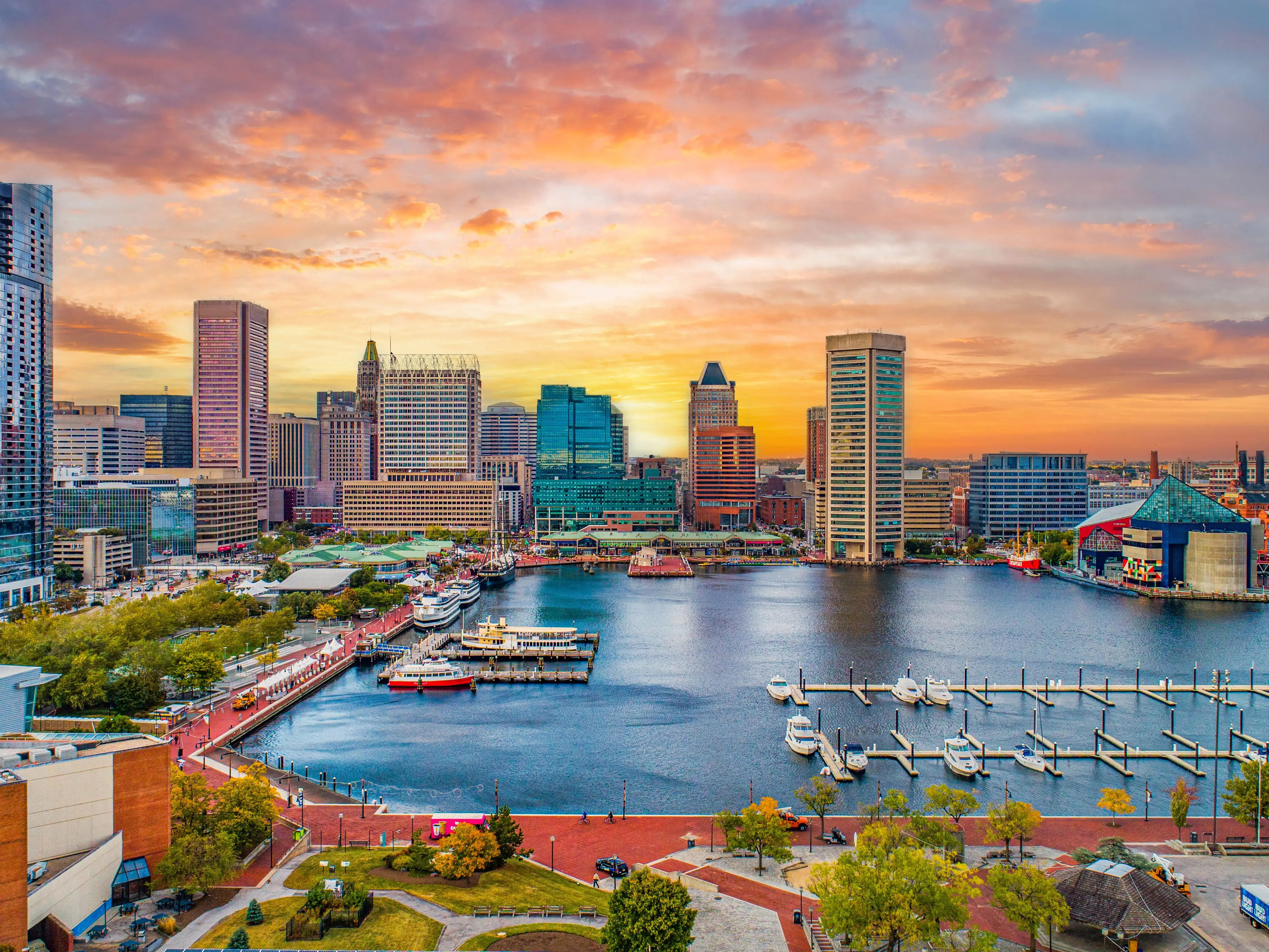 Baltimore downtown skyline aerial.