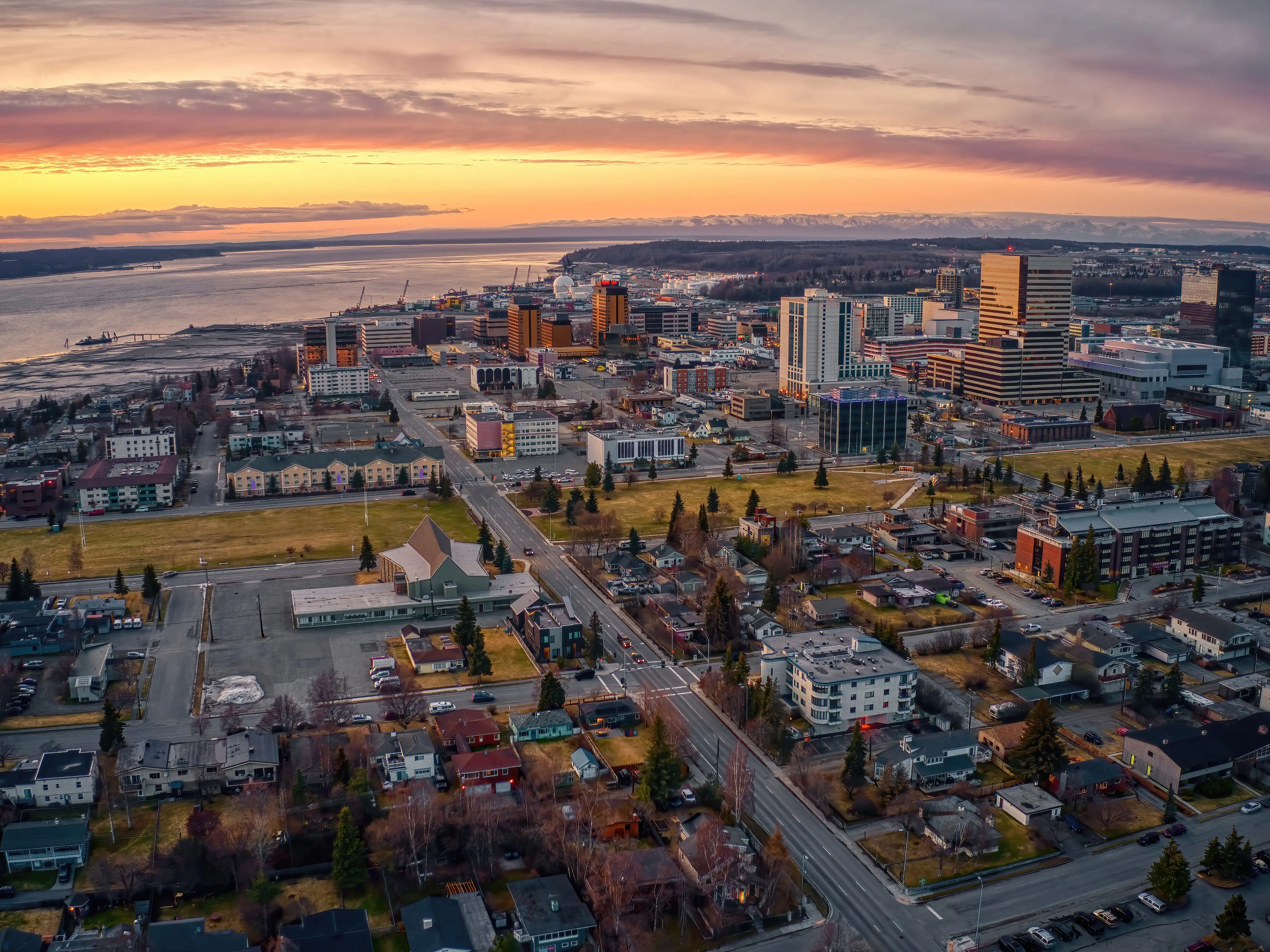 Aerial view of Anchorage, Alaska, at sunset.
