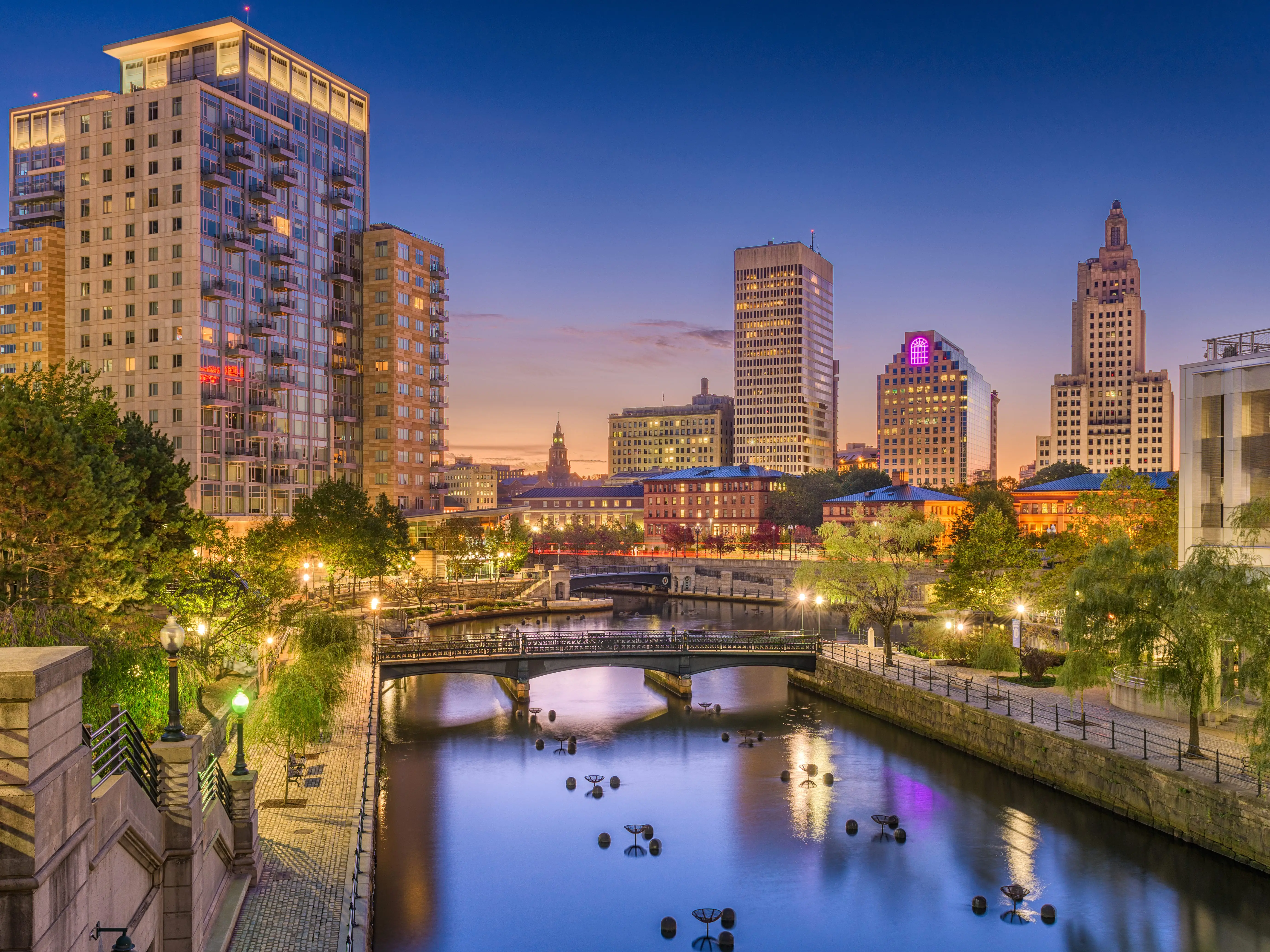 Buildings illuminated at dusk in Providence, Rhode Island.