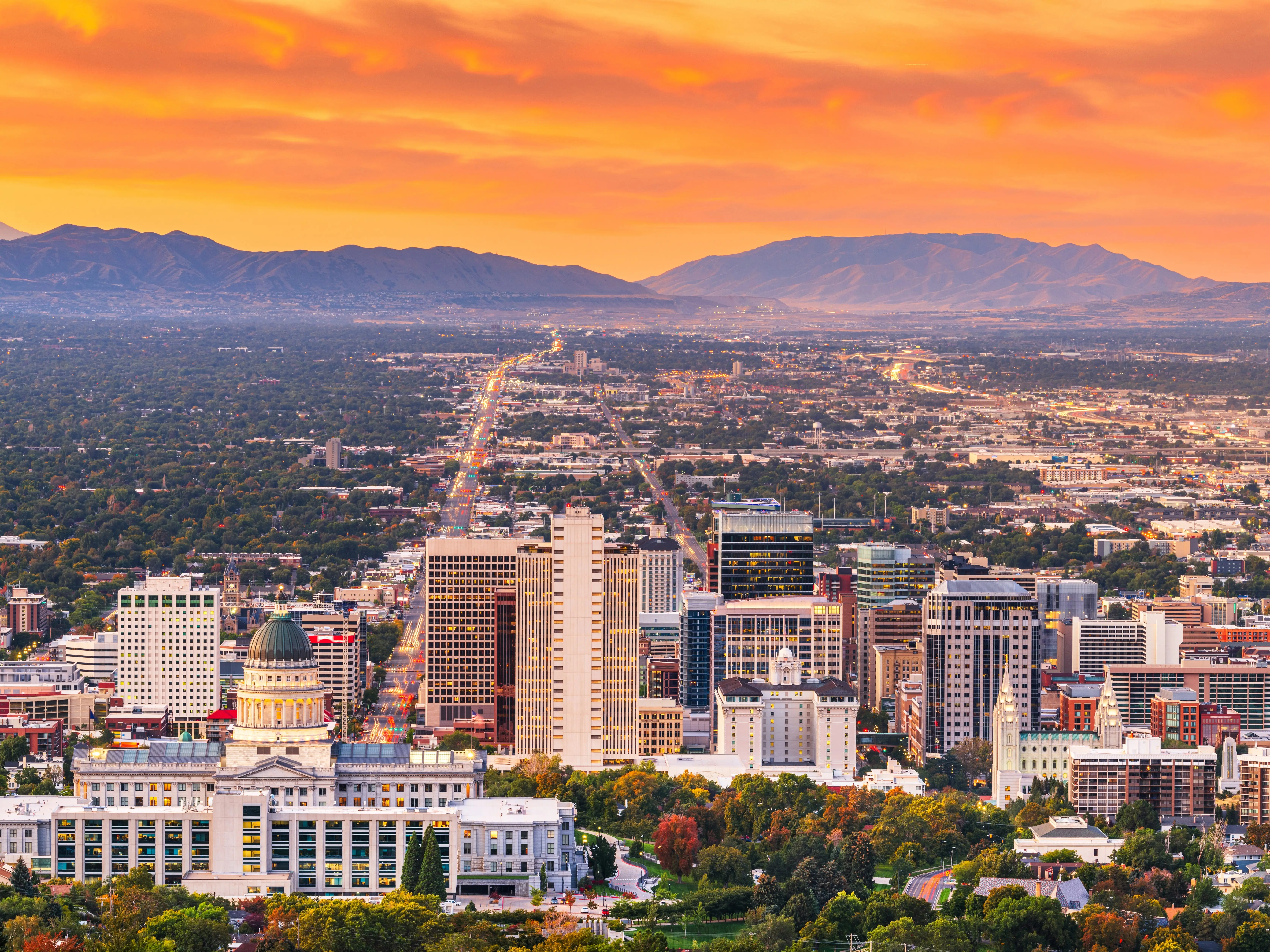 Salt Lake City, Utah, USA downtown city skyline at dusk.