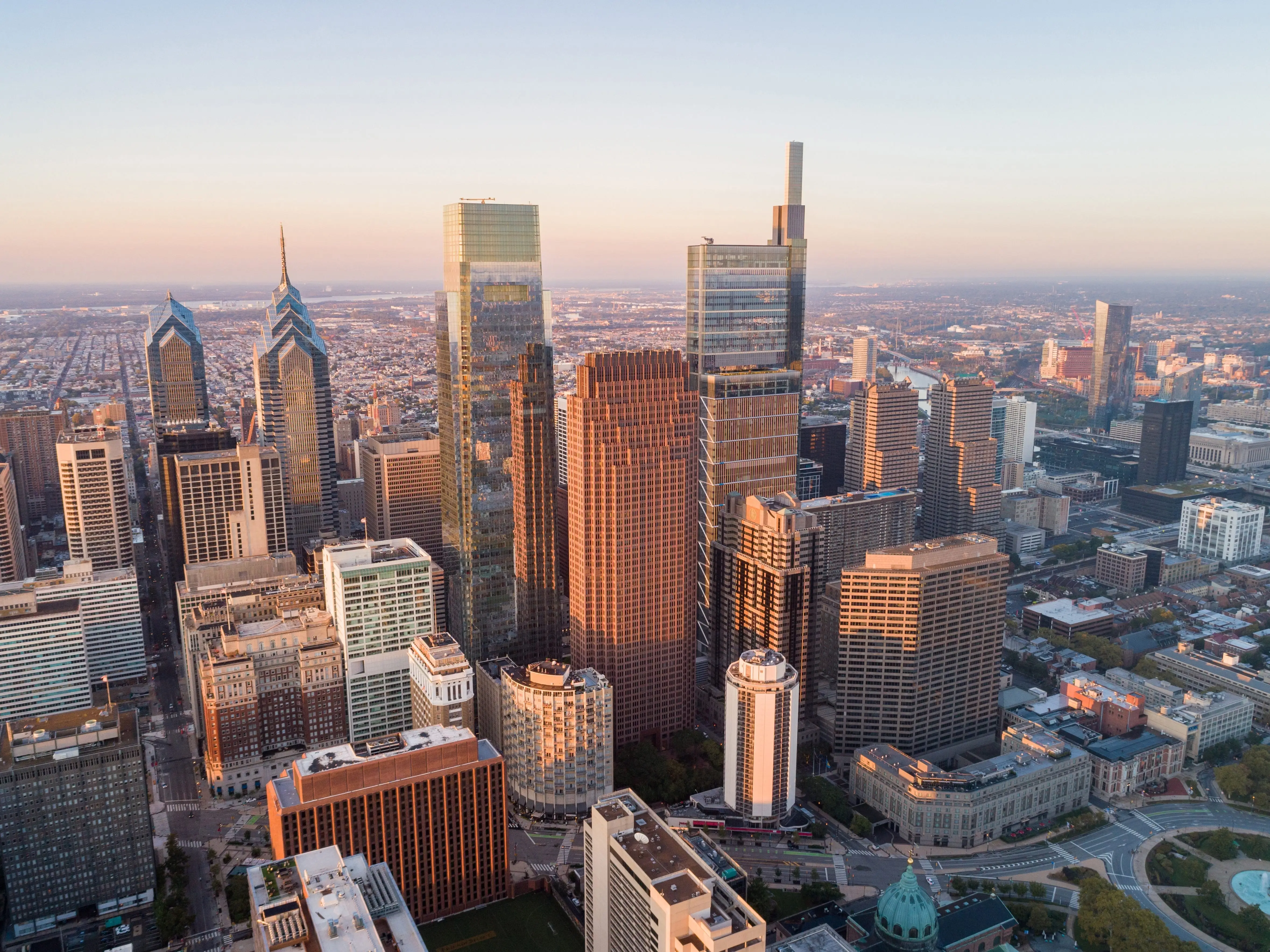 Top View of Downtown Skyline Philadelphia USA. Beautiful Sunset Skyline of Philadelphia City Center, Pennsylvania. Business Financial District and Skyscrapers in Background.