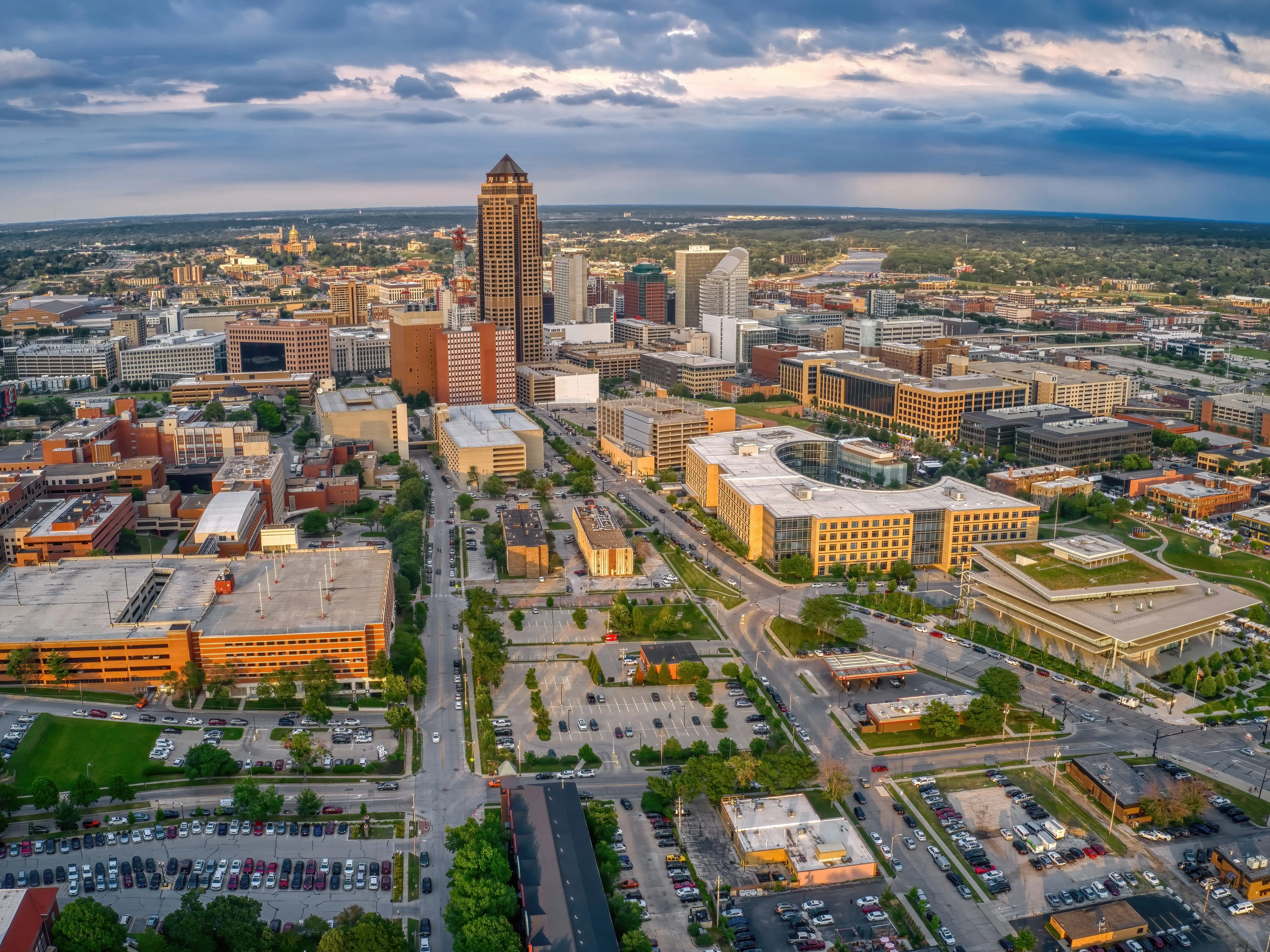 Aerial View of the Des Moine, Iowa Skyline facing West