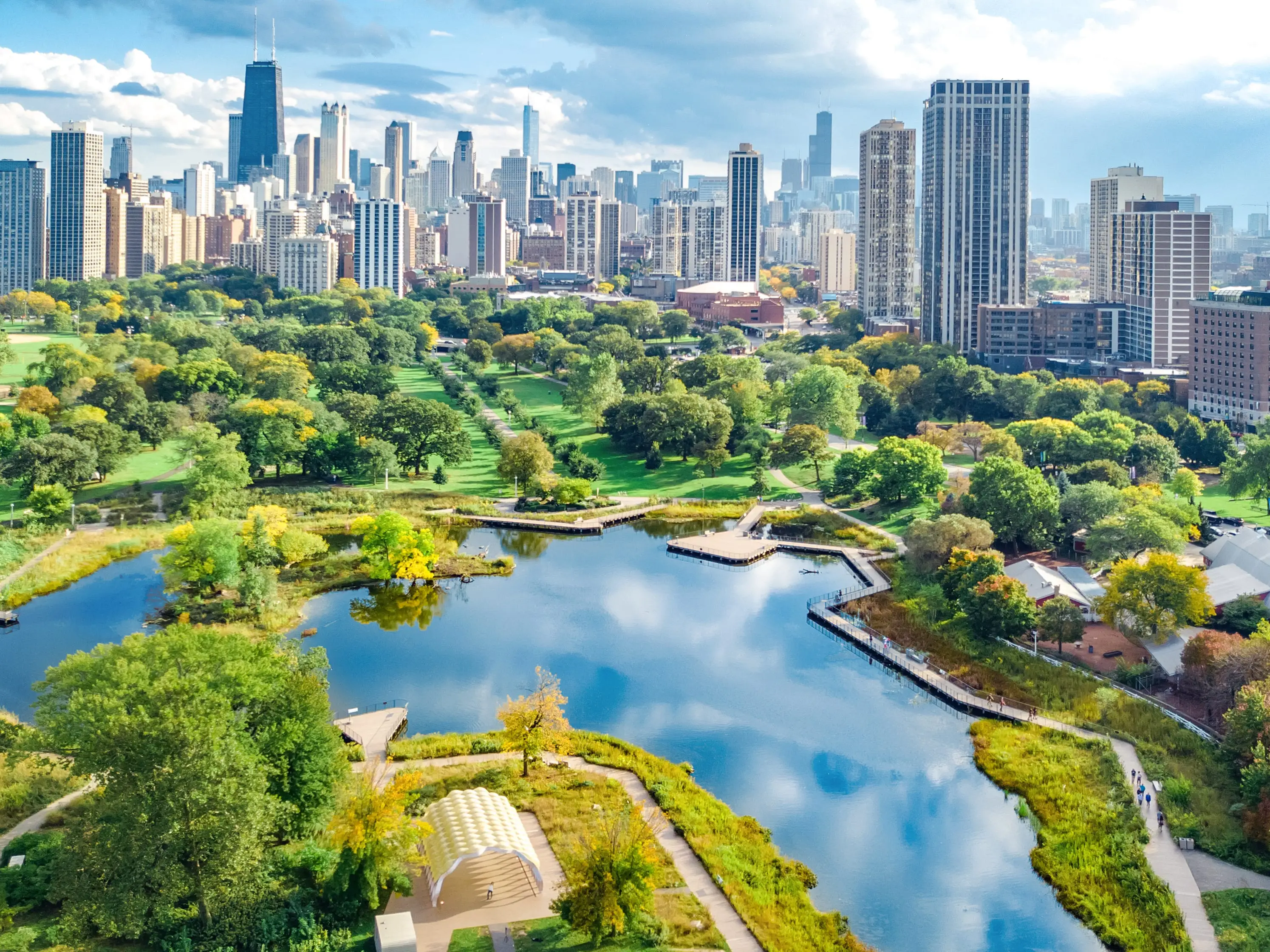 Chicago skyline aerial drone view from above, lake Michigan and city of Chicago downtown skyscrapers cityscape bird's view from park, Illinois, USA