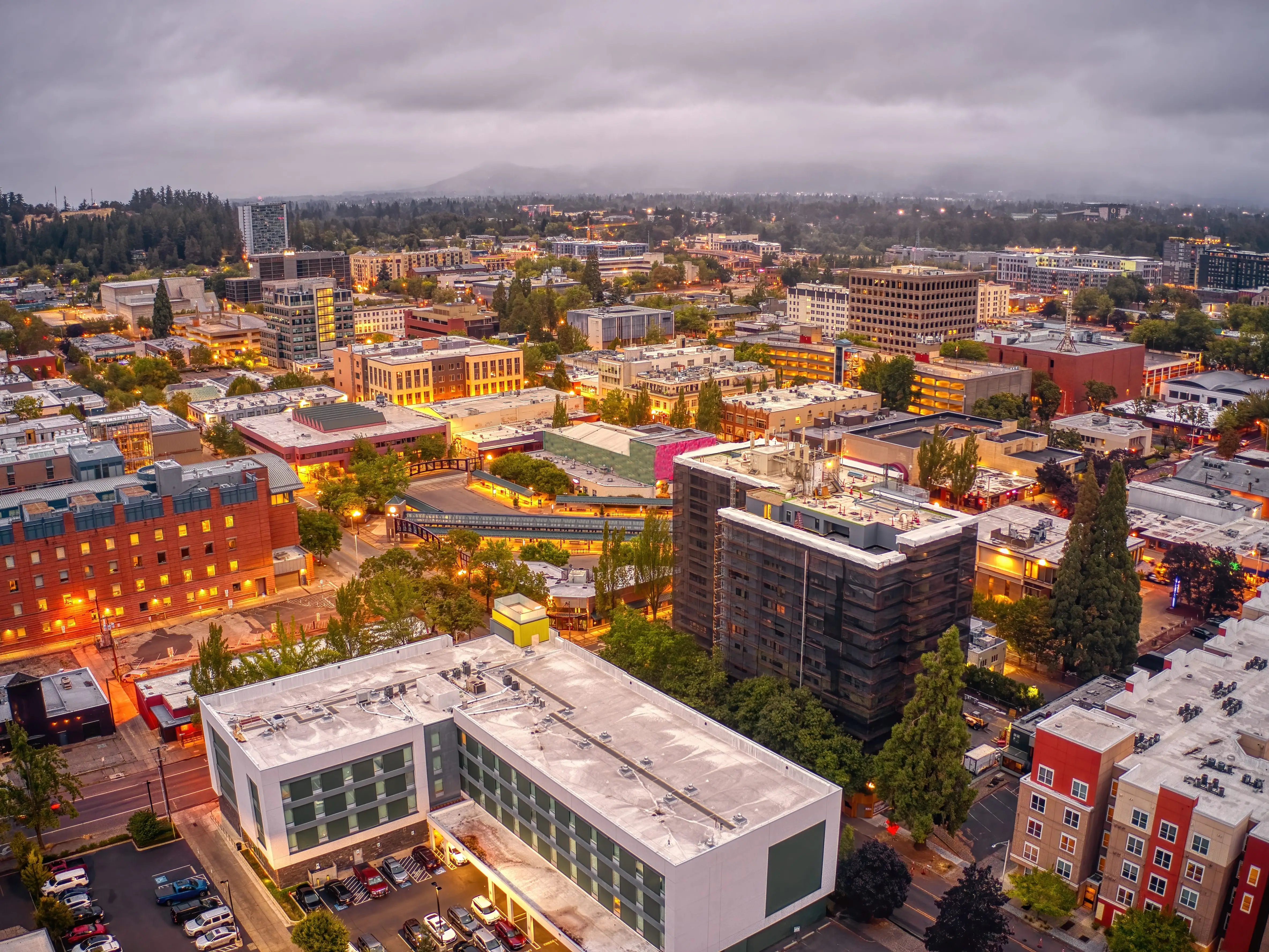 Aerial View of Downtown Eugene, Oregon on a Cloudy Morning