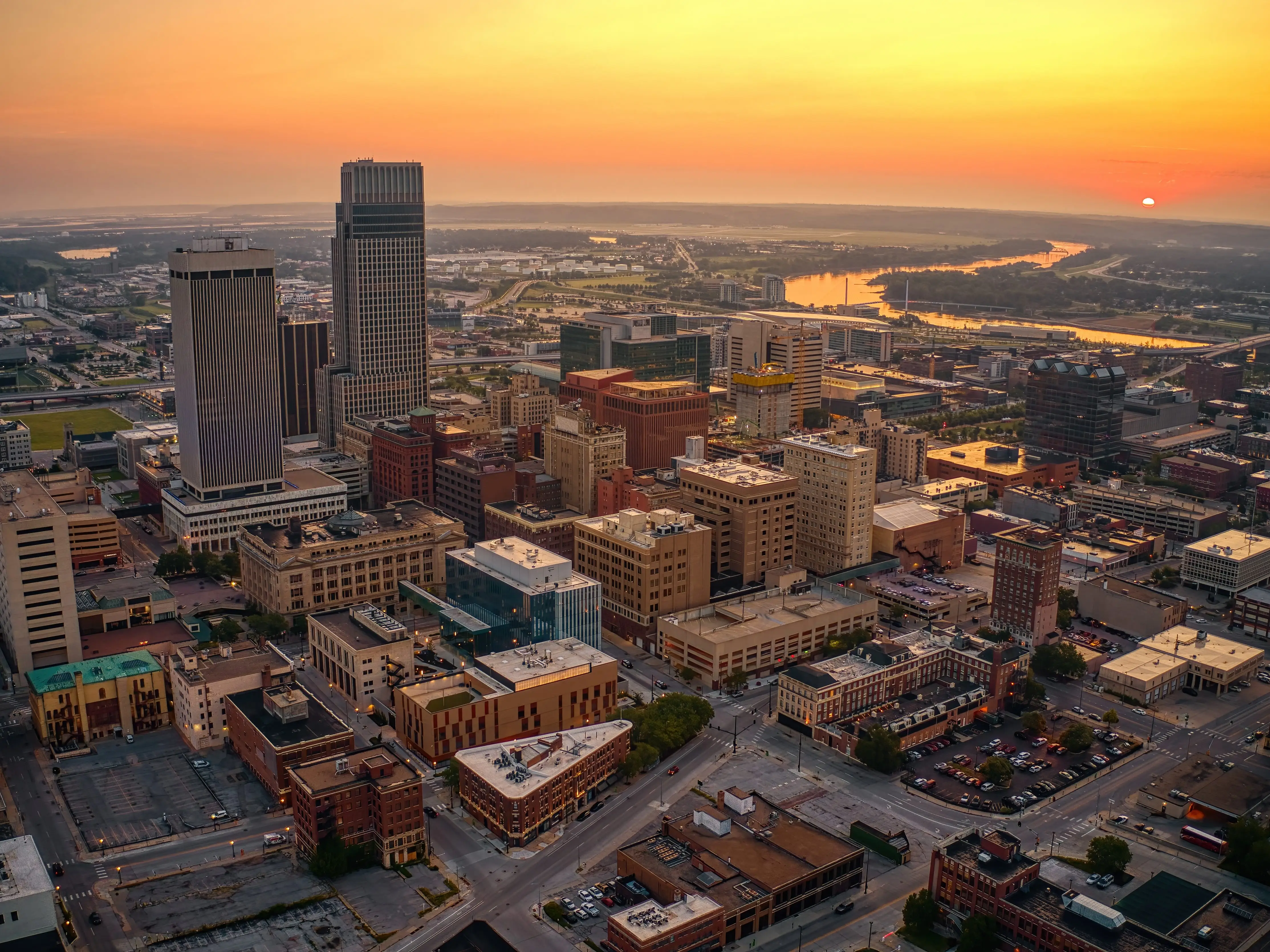 Aerial View of the Omaha, Nebraska Skyline at Dusk