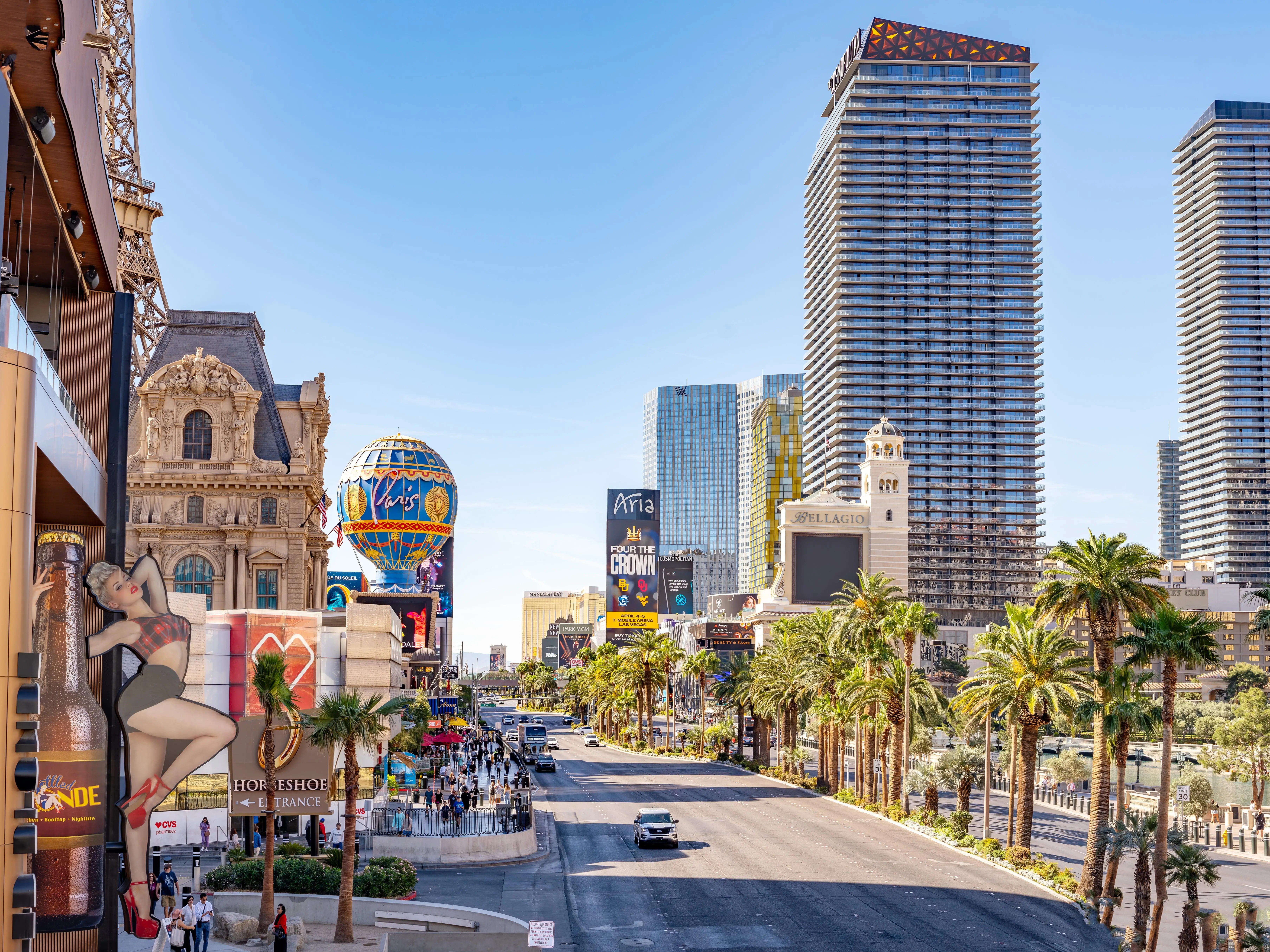 Las Vegas, Nevada, USA. April 4th, 2026.  Las Vegas Strip skyline during the day. View of Paris, Aria, and Cosmopolitan Hotels on Las Vegas Strip.