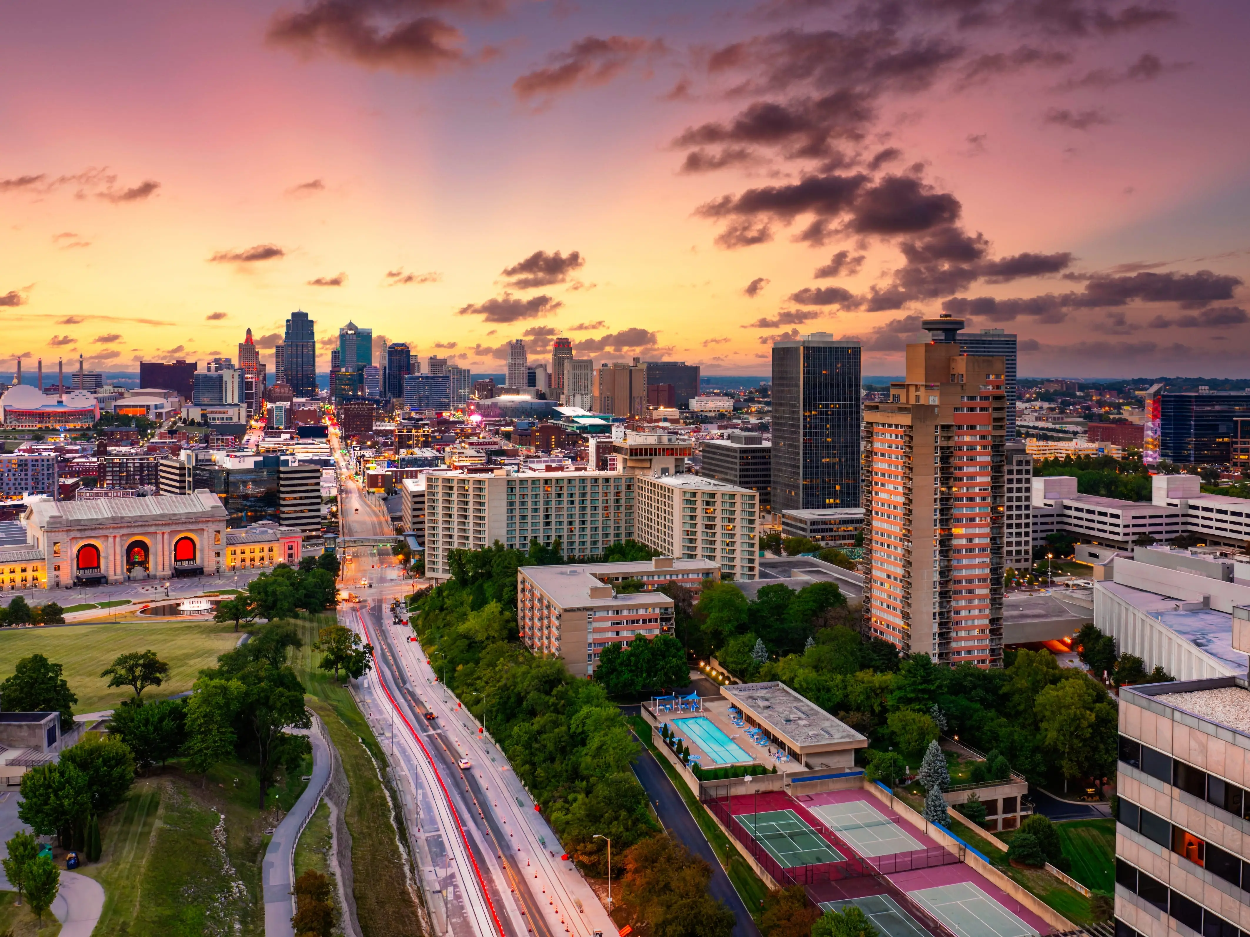 Aerial view of Kansas City skyline at dusk, viewed from Penn Valley Park. Kansas City is the largest city in Missouri.