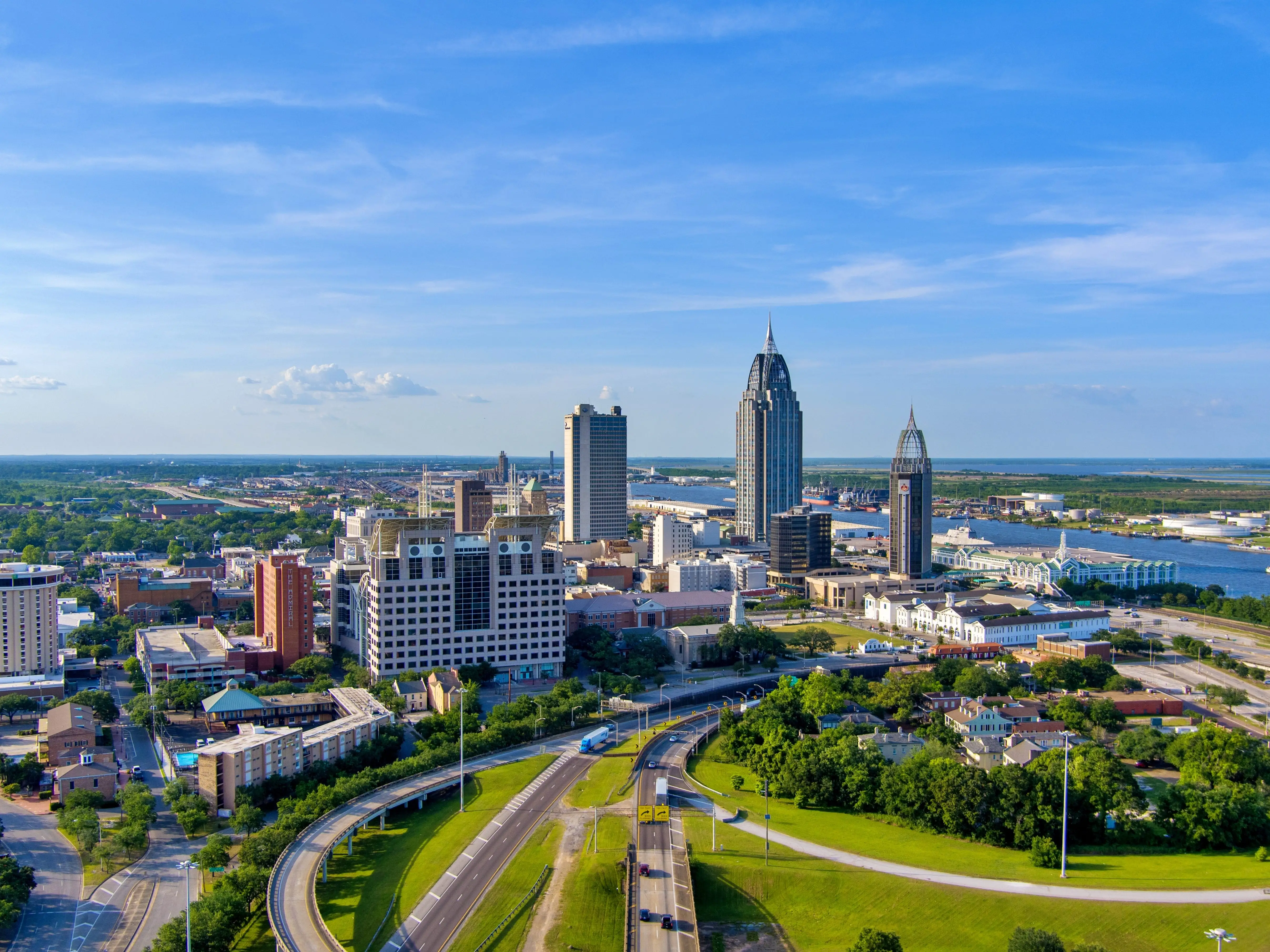 Downtown Mobile, Alabama waterfront skyline