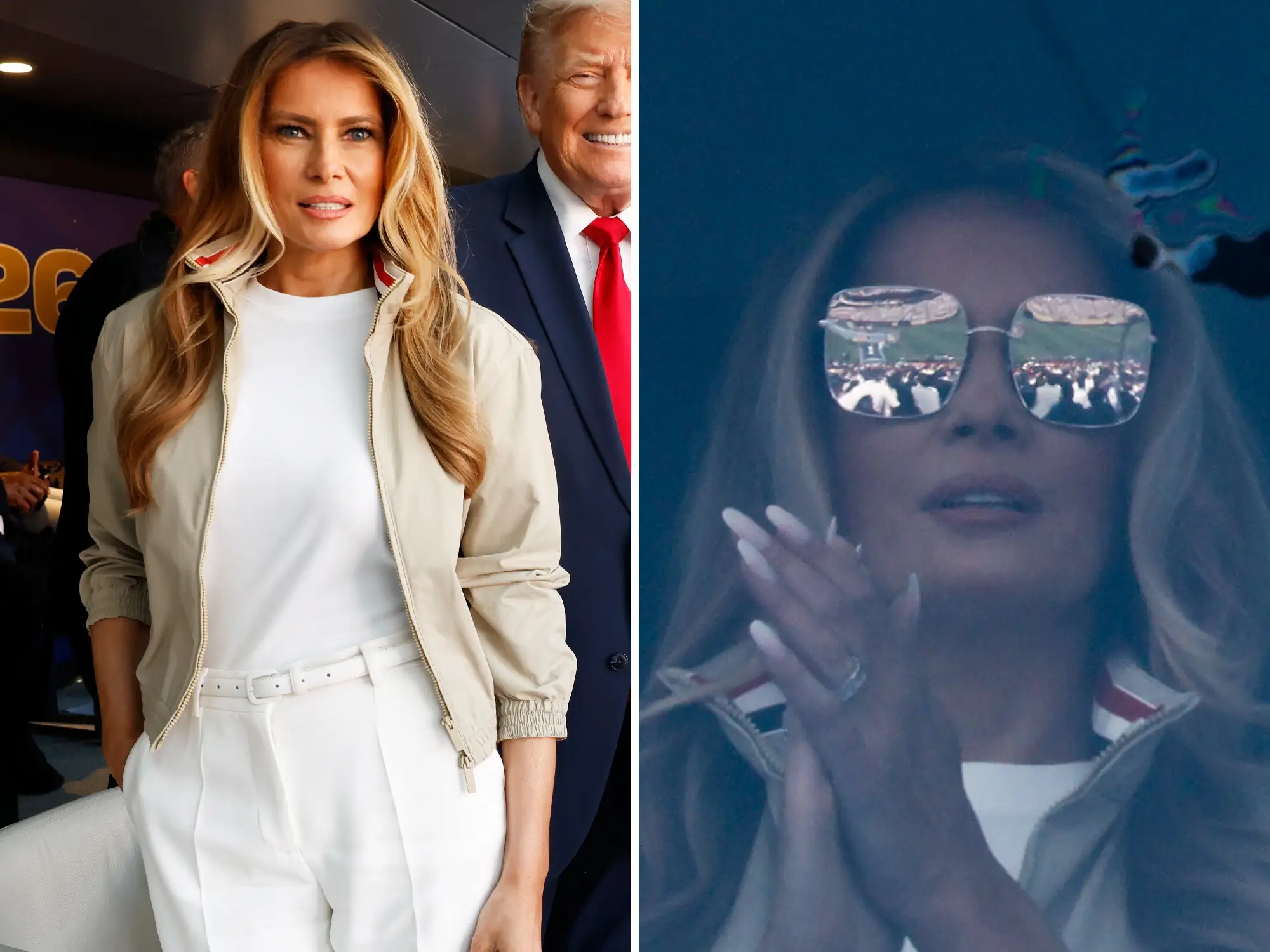 A side-by-side of Melania Trump at a soccer game and a close-up of her face wearing reflective sunglasses.