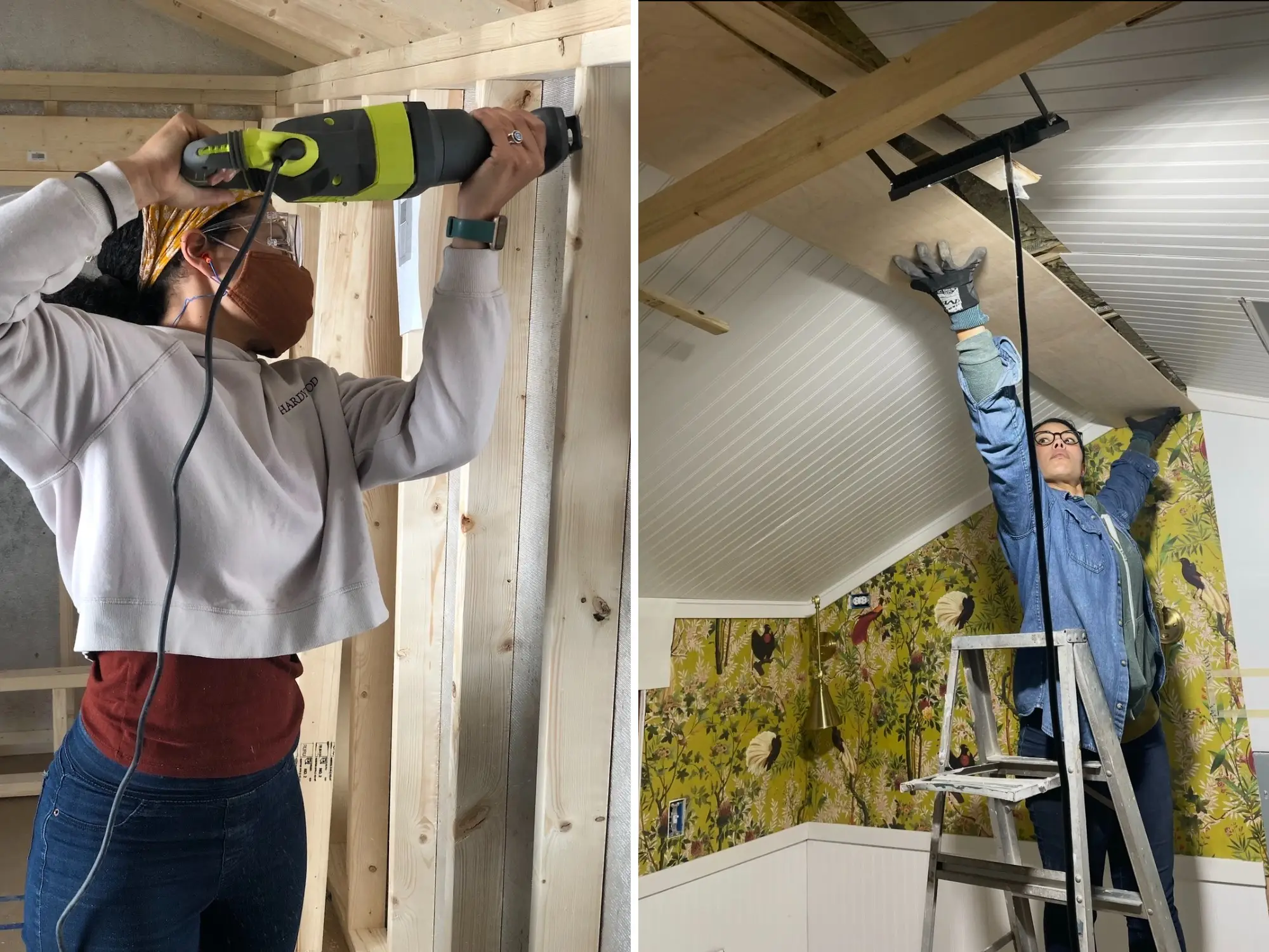 Two-panel scene of Margo Fairchild doing home renovation, using a reciprocating saw and installing ceiling paneling indoors.