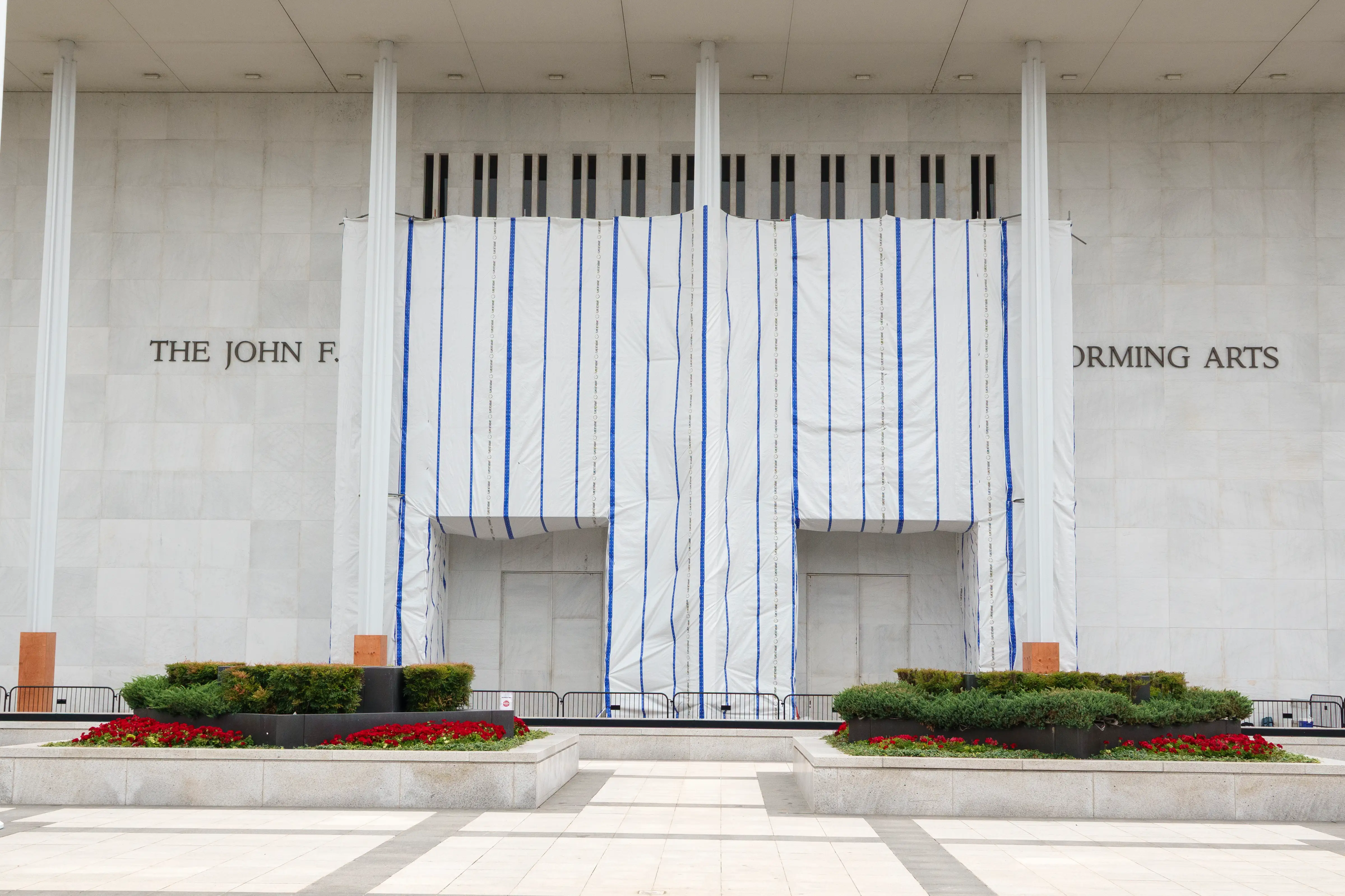 The Kennedy Center covered in scaffolding.