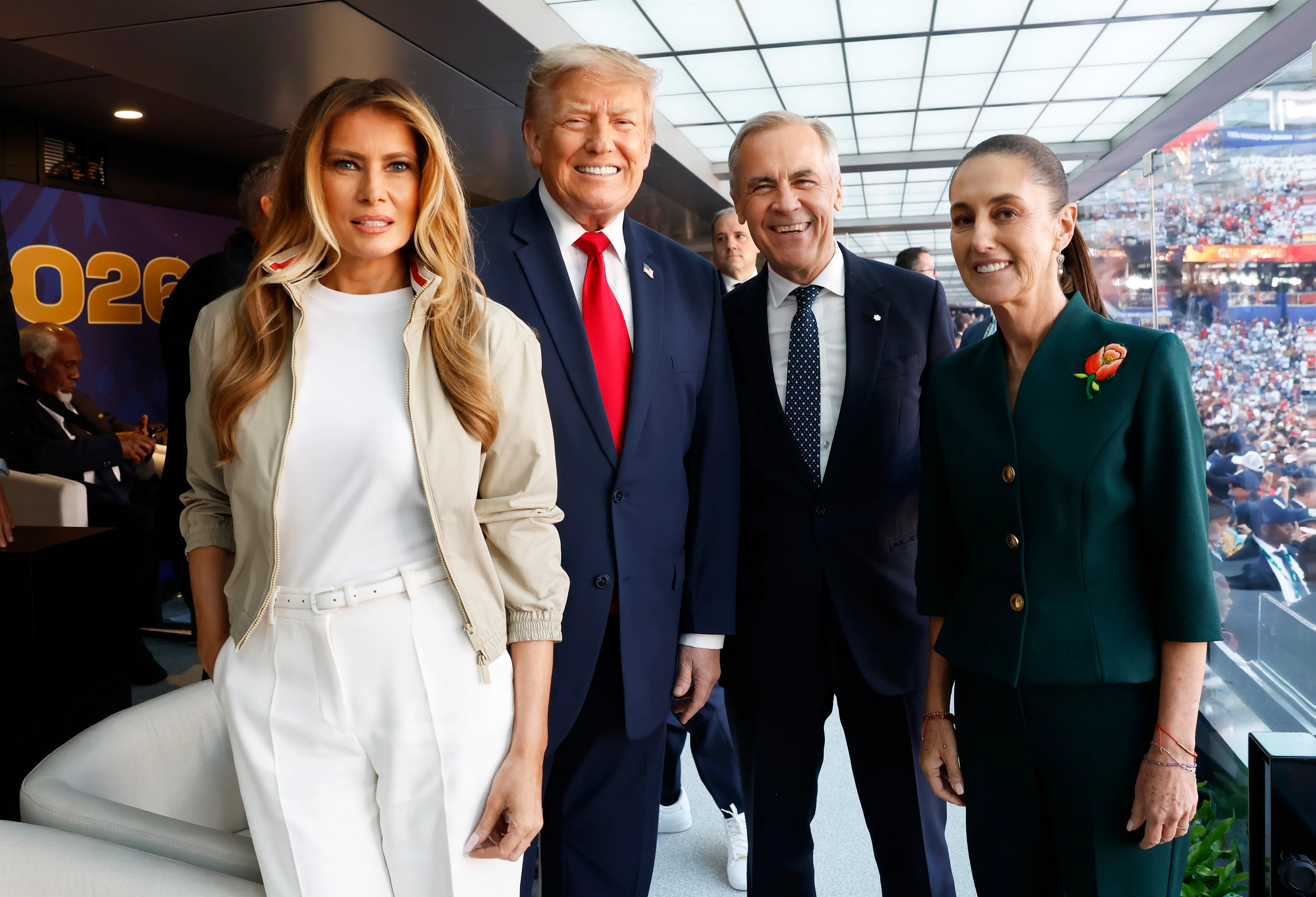 Melania Trump and Donald Trump with Canadian Prime Minister Mark Carney and Mexican President Claudia Sheinbaum.