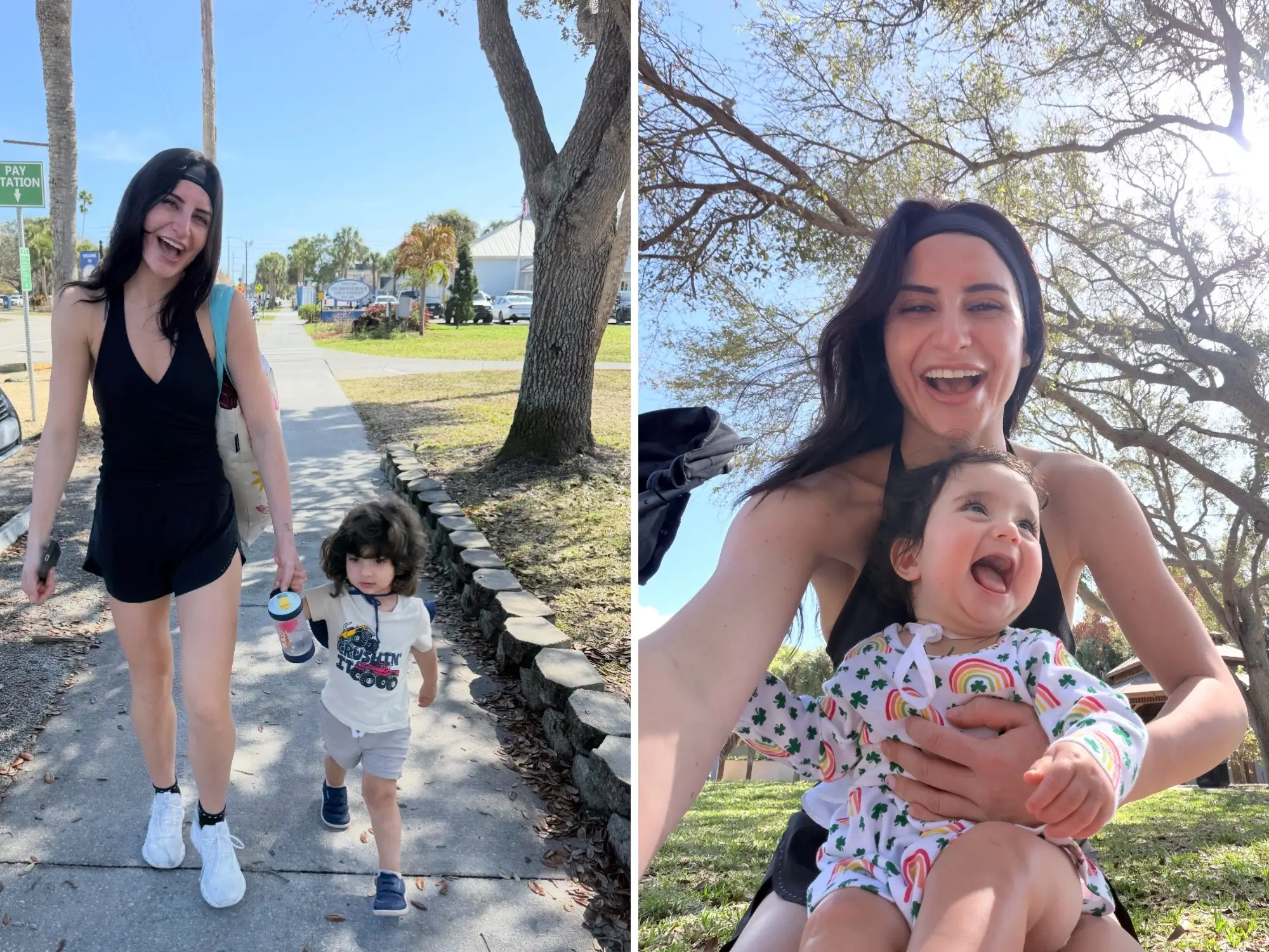 Side by side of woman smiling, holding a kid's hand next to image of woman smiling with baby