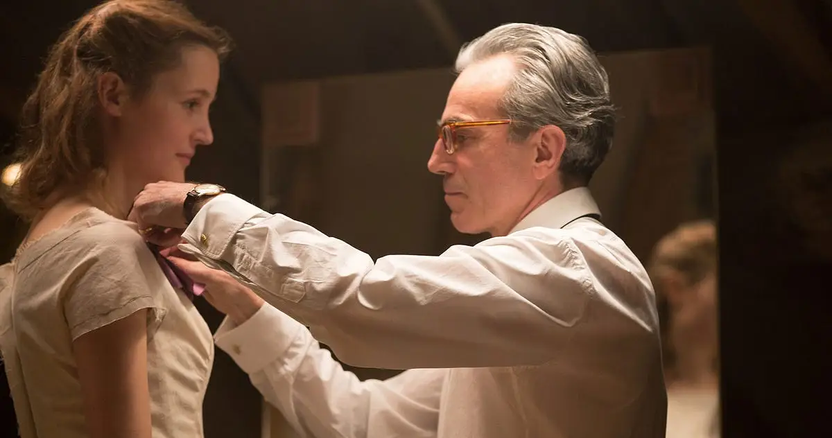 Phantom Thread stars Daniel Day-Lewis tailoring a dress on Vicky Krieps
