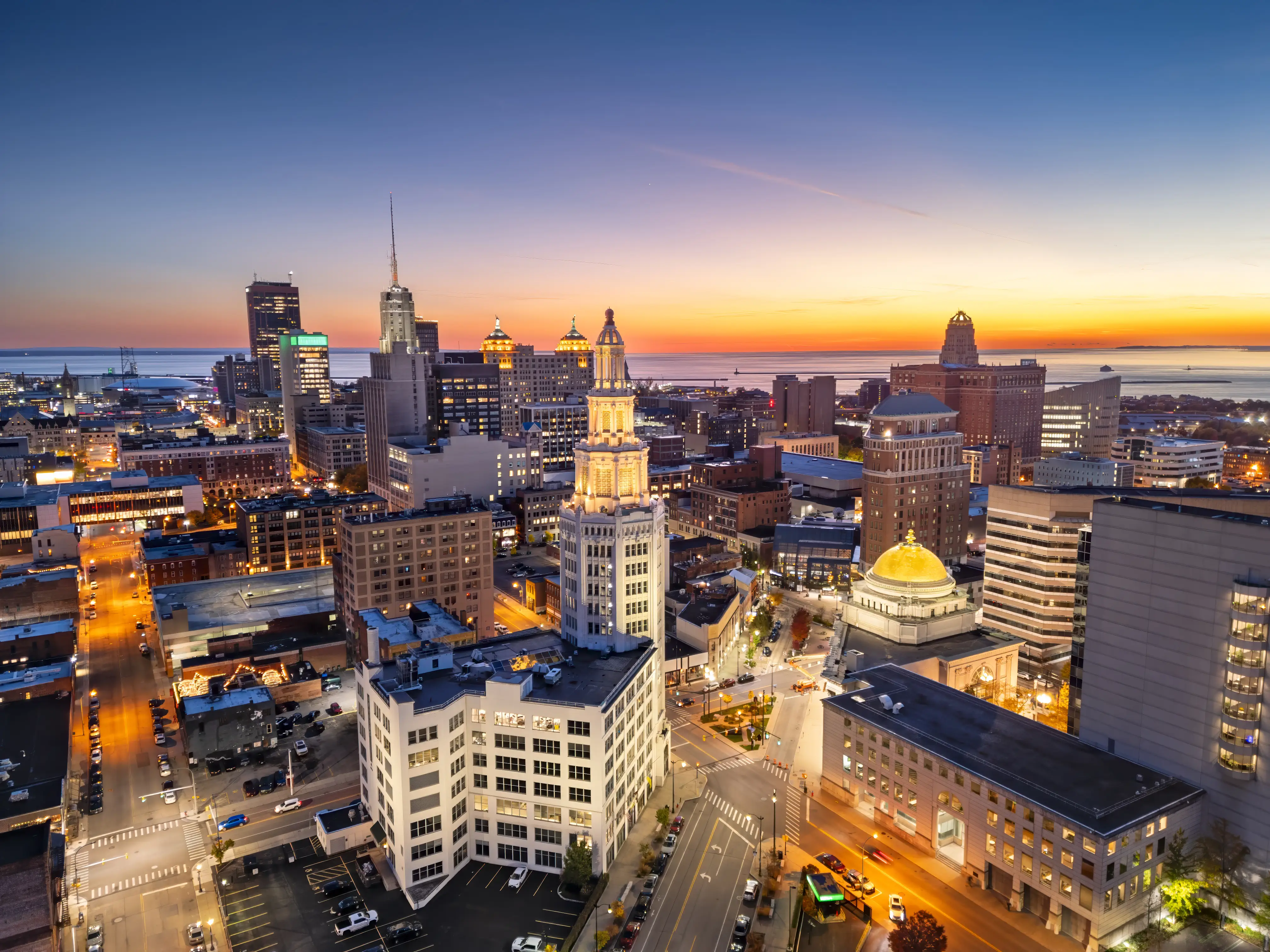 Buffalo, New York, USA downtown city skyline at golden hour.