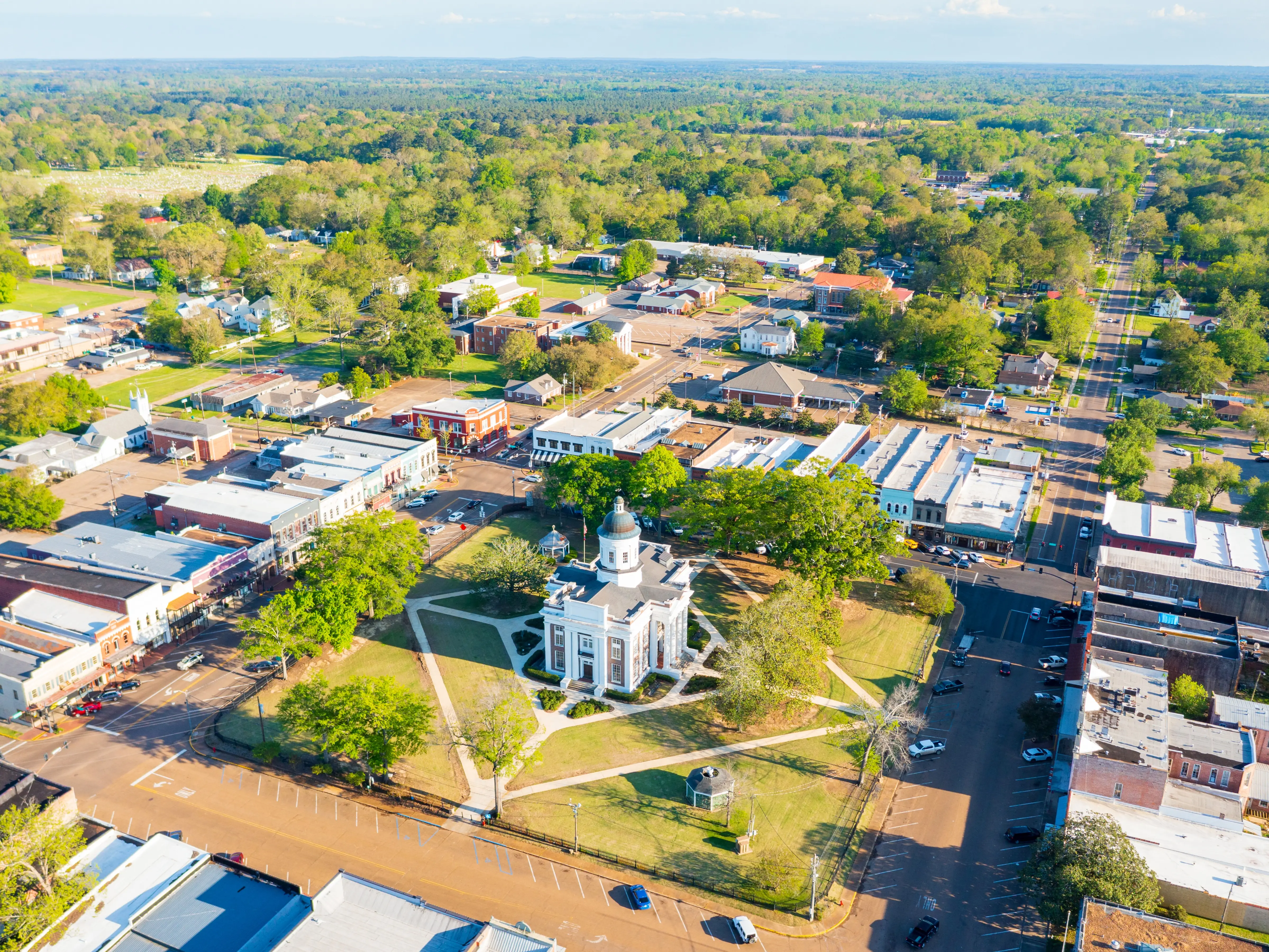 Canton, MS - June 22, 2023: Aerial view of the Courthouse Square in Canton, MS