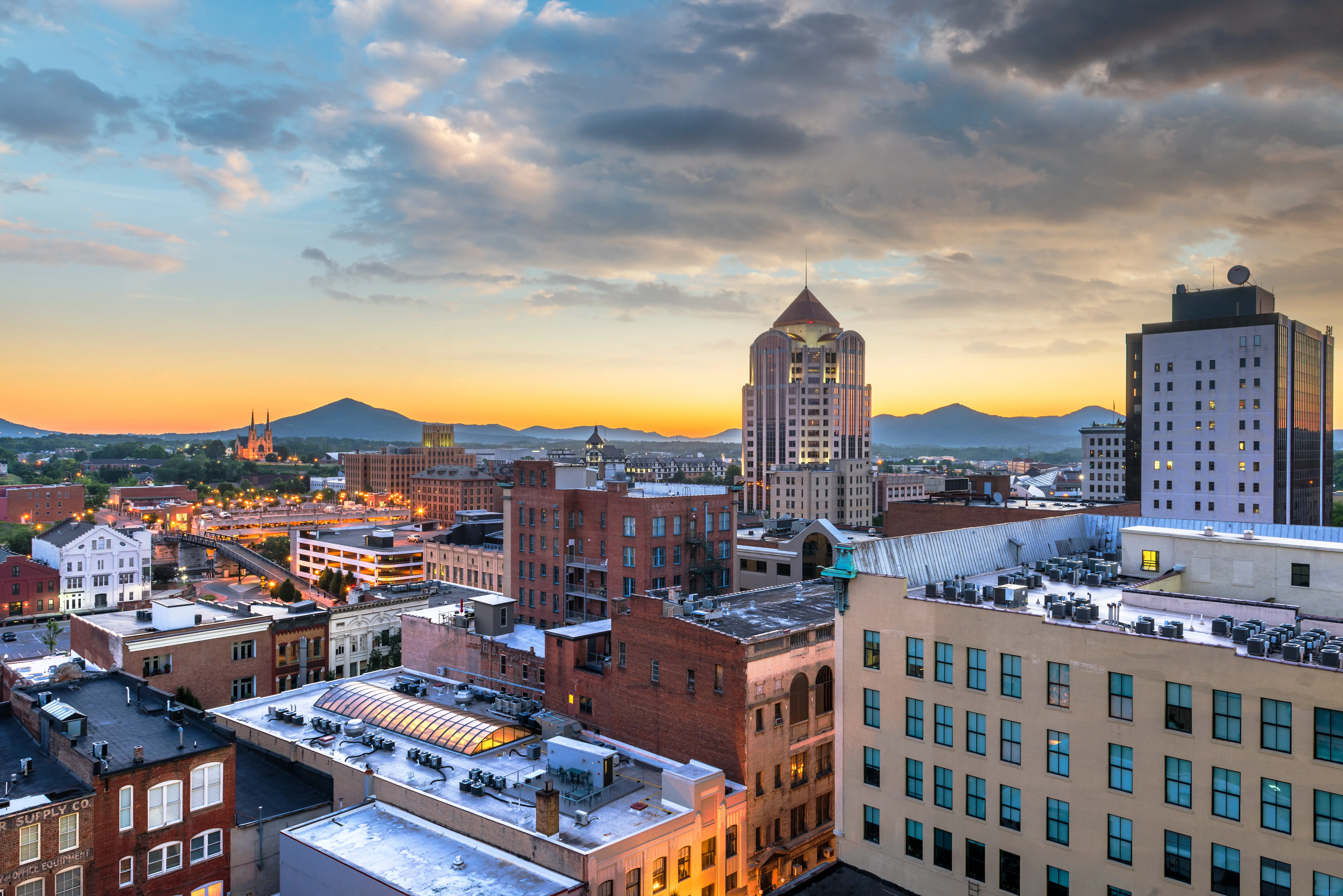 Roanoke, Virginia, USA downtown skyline at dawn.