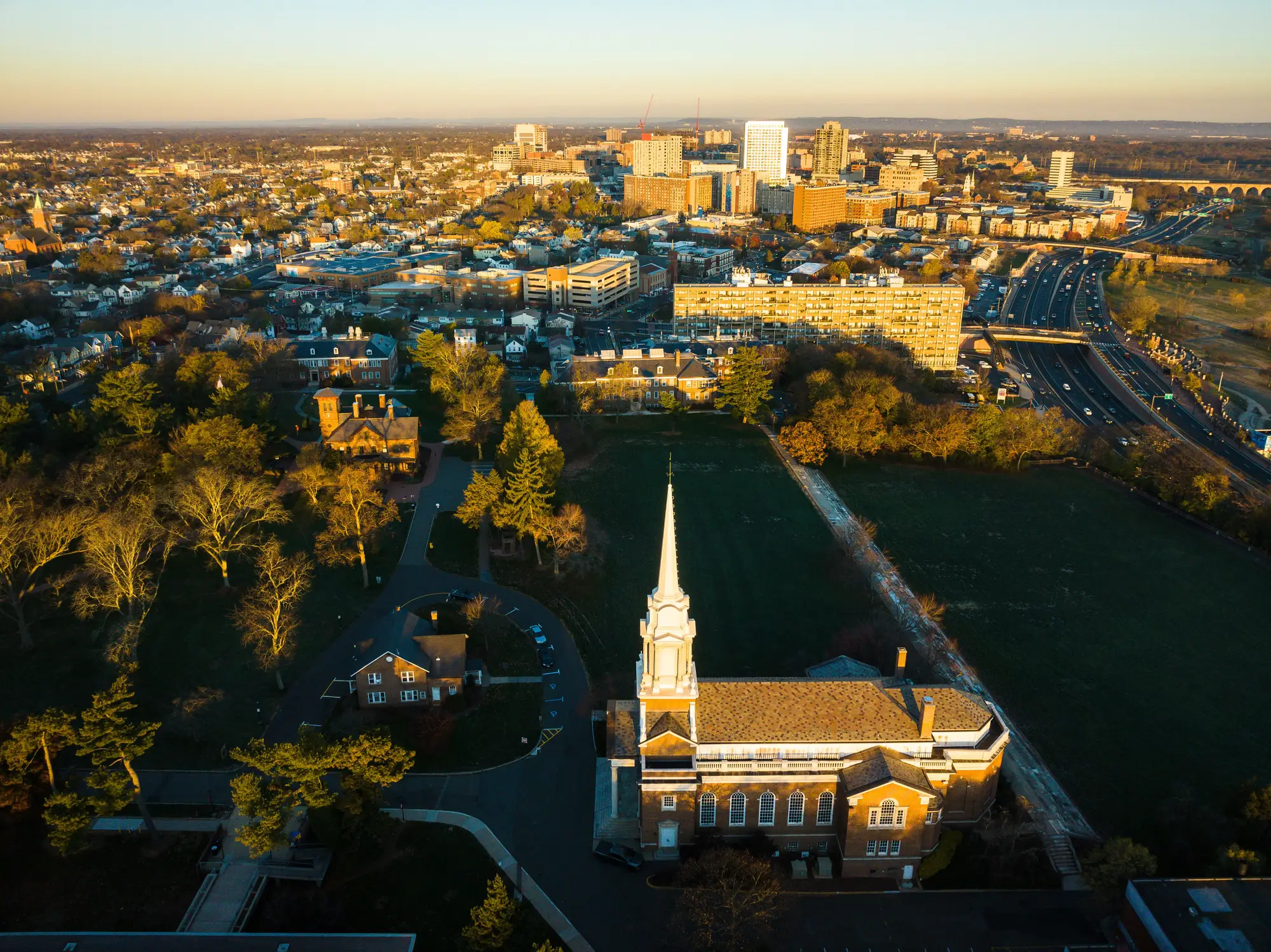 A drone view of Rutgers University at sunrise in New Brunswick, New Jersey.