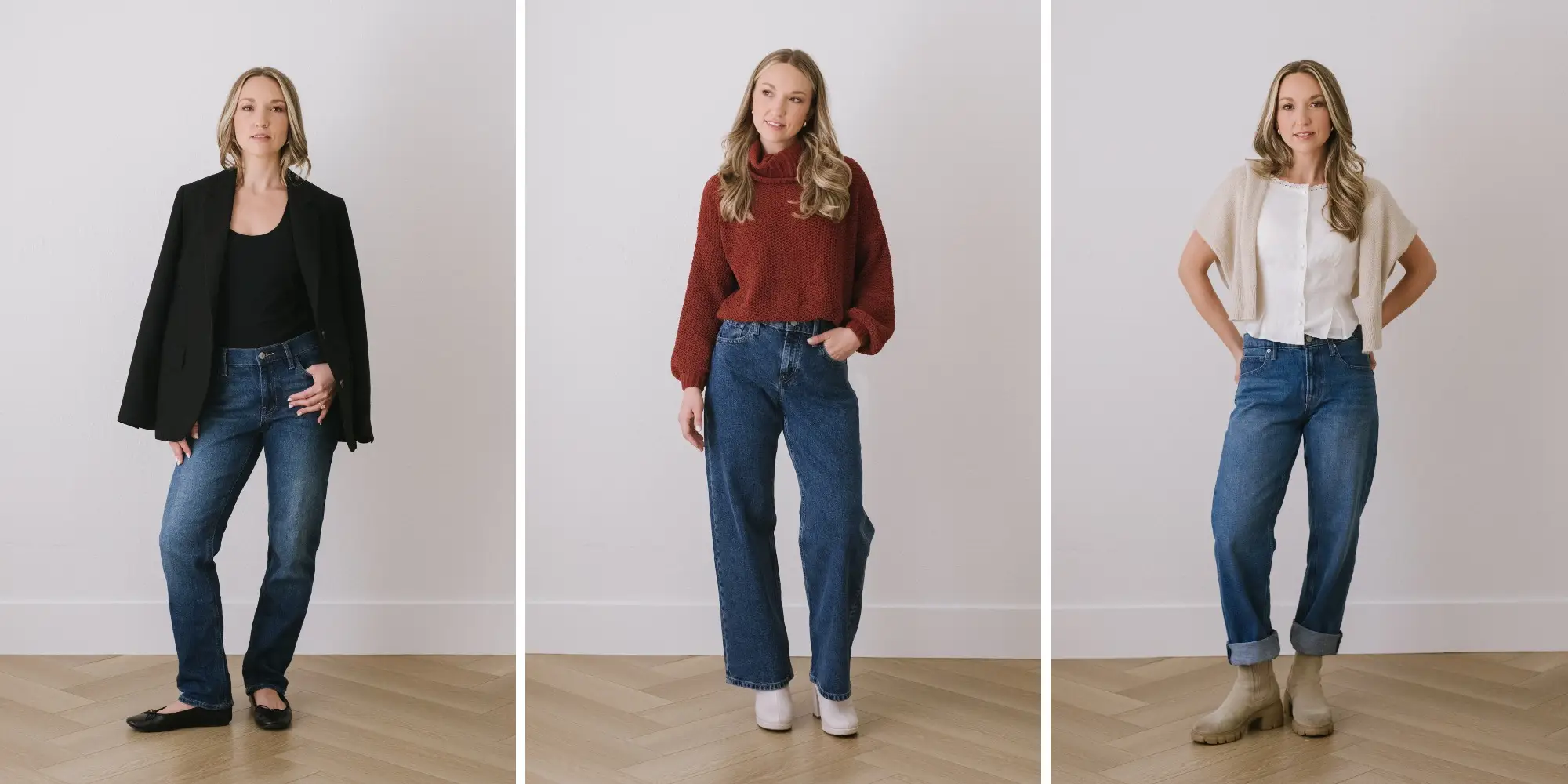 Three studio portraits show a person modeling casual jeans outfits against a plain wall and wood floor.