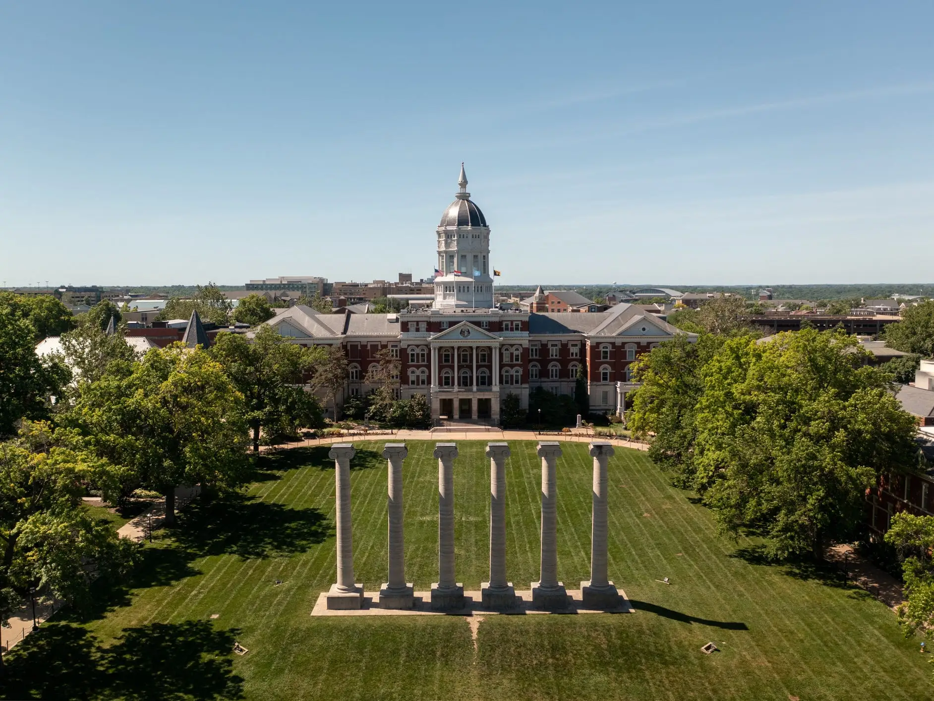 Aerial view of the iconic Jesse Hall and historic Columns on the Francis Quadrangle at the University of Missouri campus in Columbia