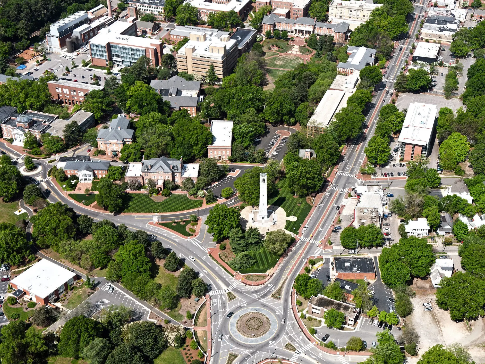 An aerial view of the North Carolina State University campus, the Memorial Belltower (center) and surrounding area in Raleigh, North Carolina.