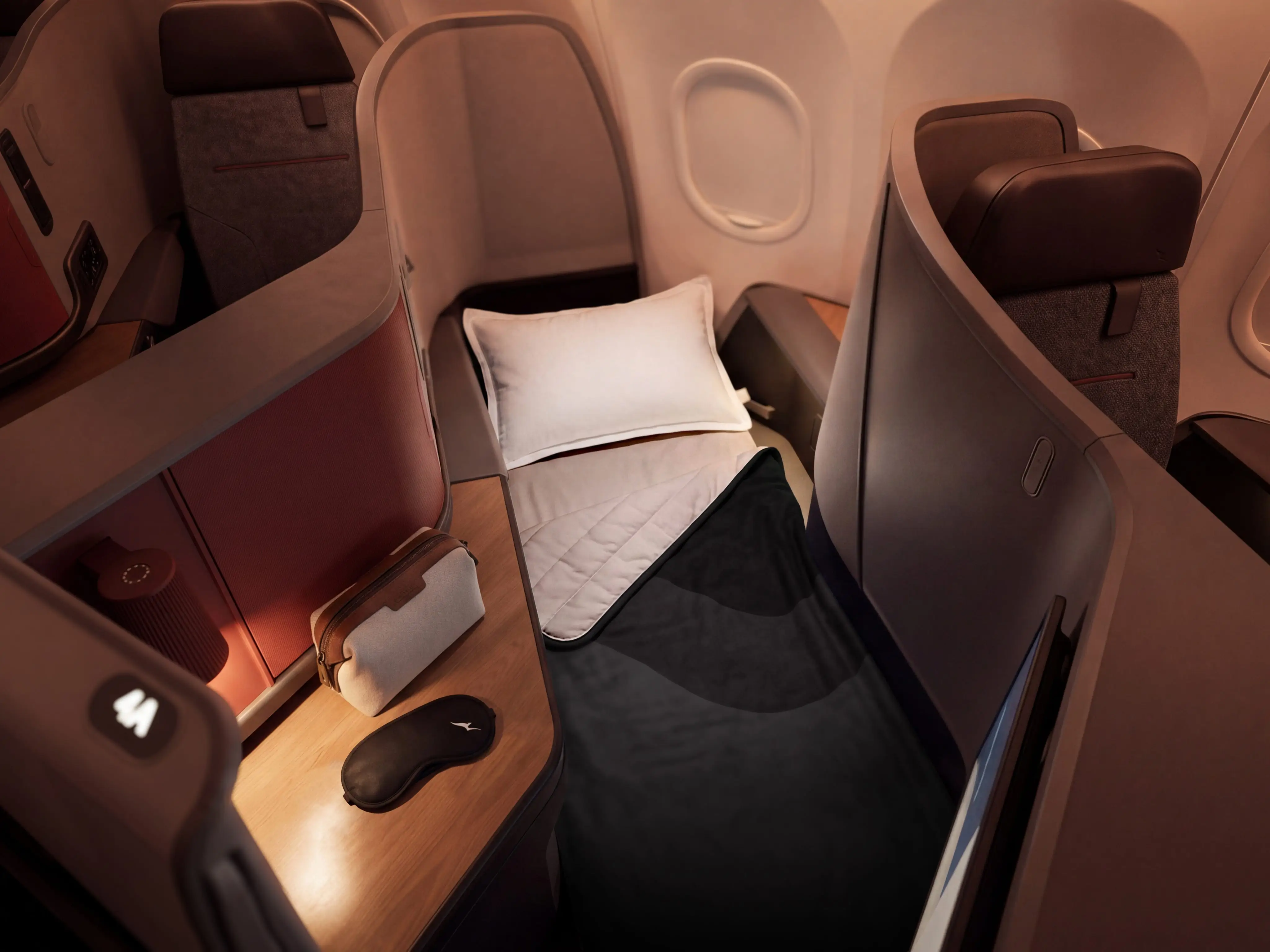 A render of a lie-flat bed in business class on a Qantas Airbus A321XLR