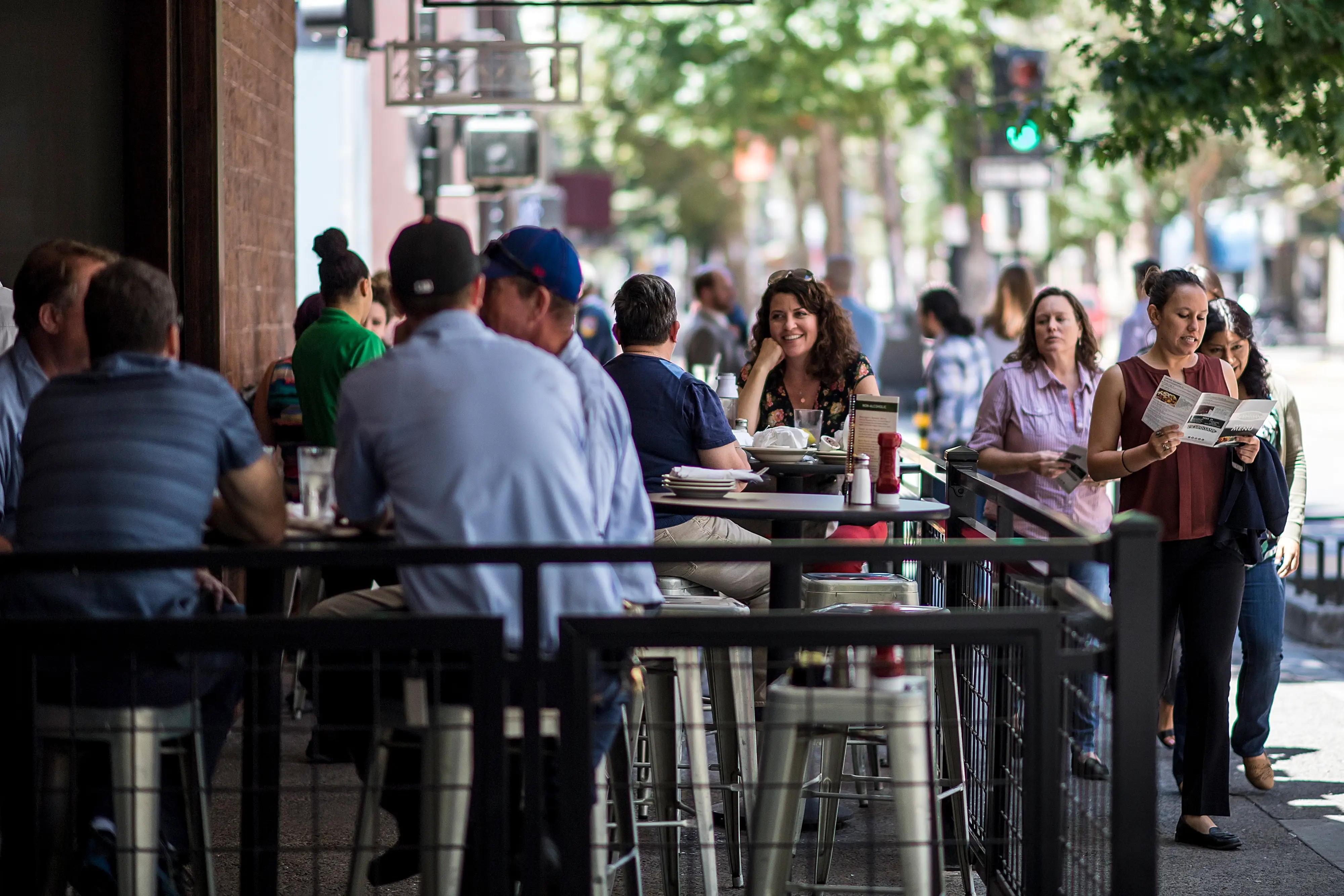 People sit at an outside patio.