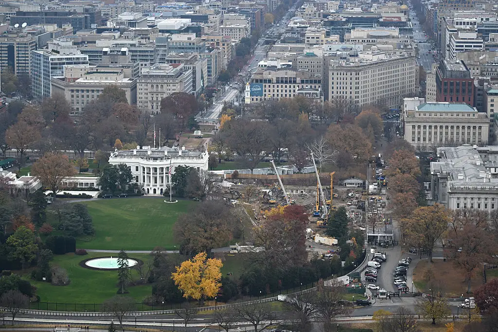 An aerial view of the White House and the demolished East Wing.