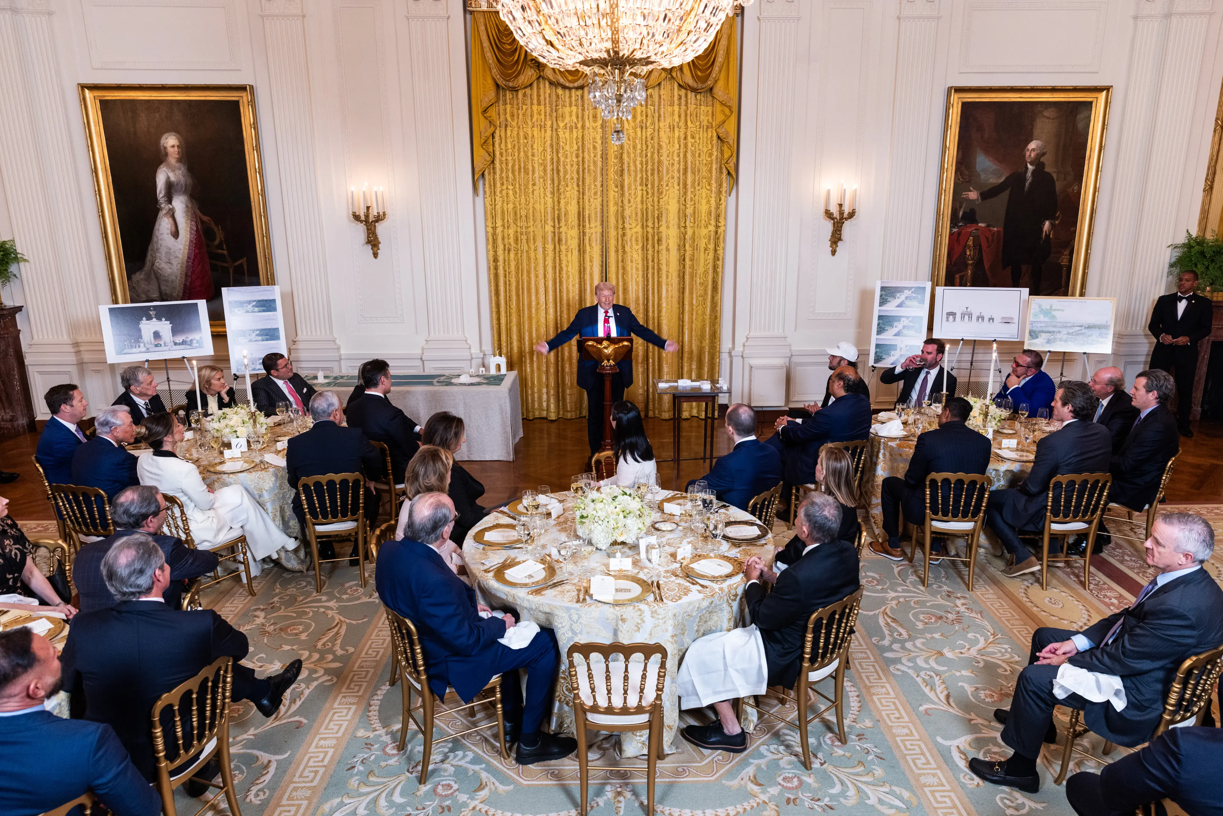 President Donald Trump at a dinner for billionaires and corporate executives in the East Room of the White House.