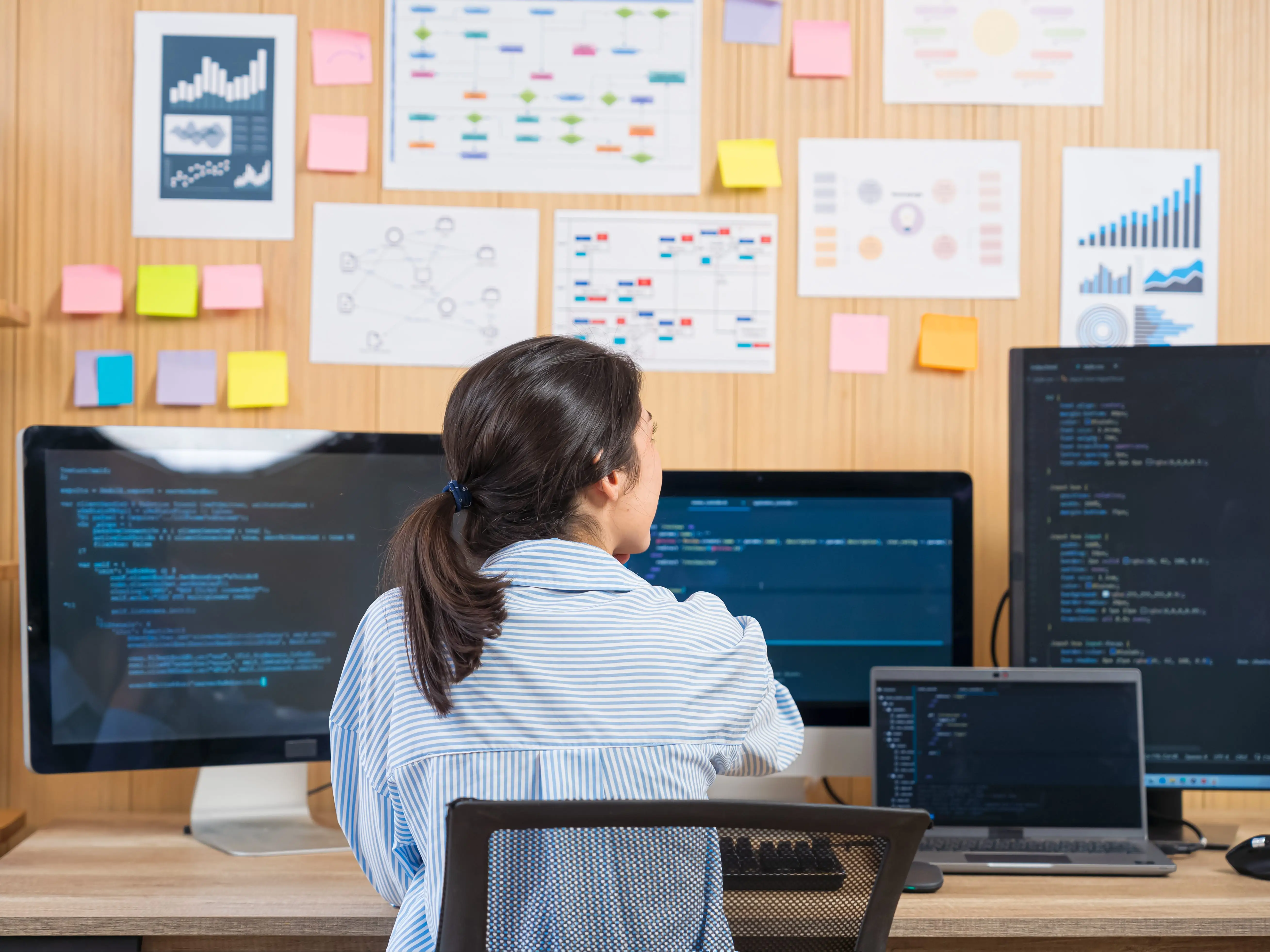 Person seated at a desk working across multiple coding screens with charts and sticky notes on the wall.