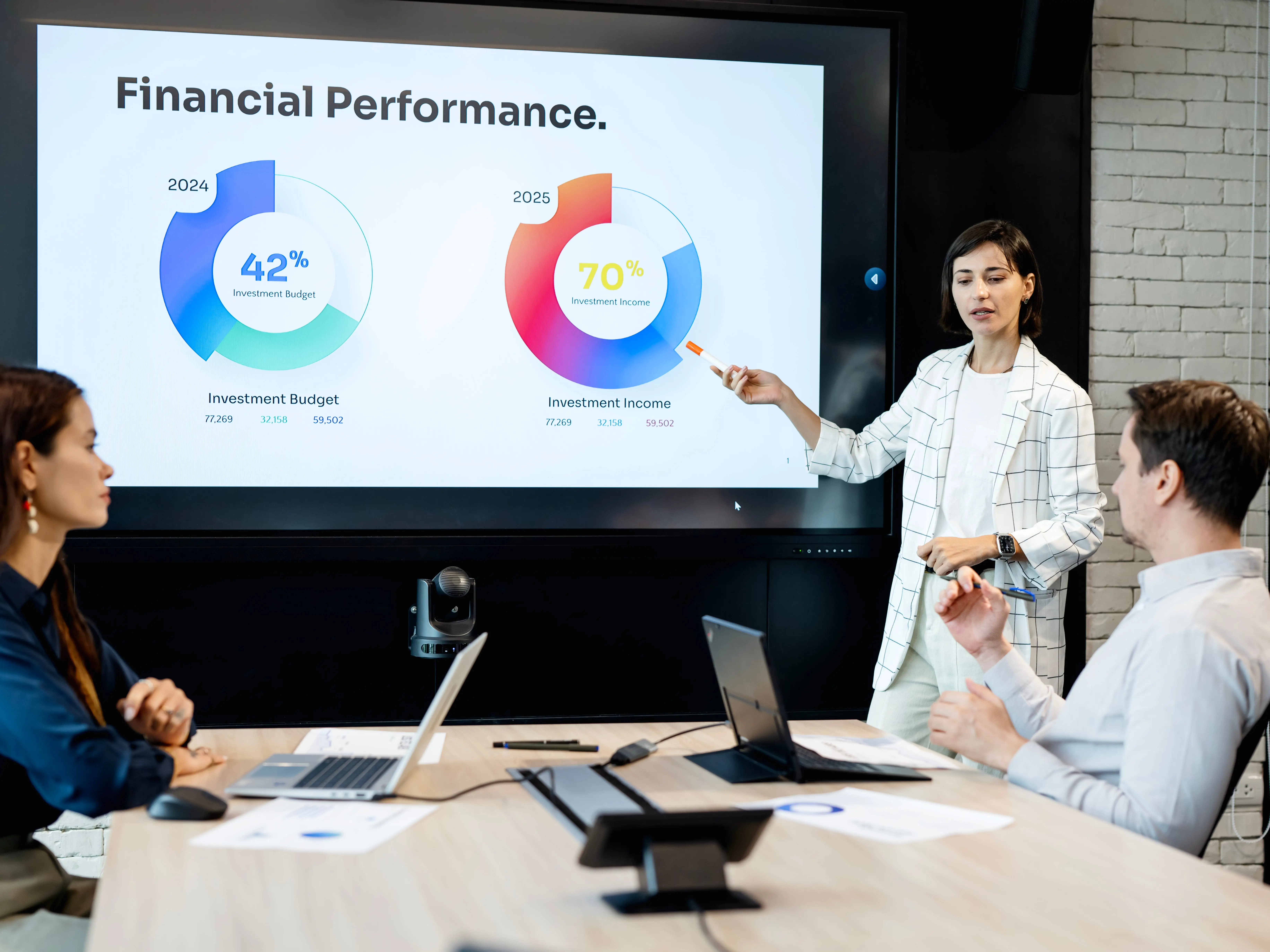 A presenter points to financial performance charts on a conference room display during a meeting