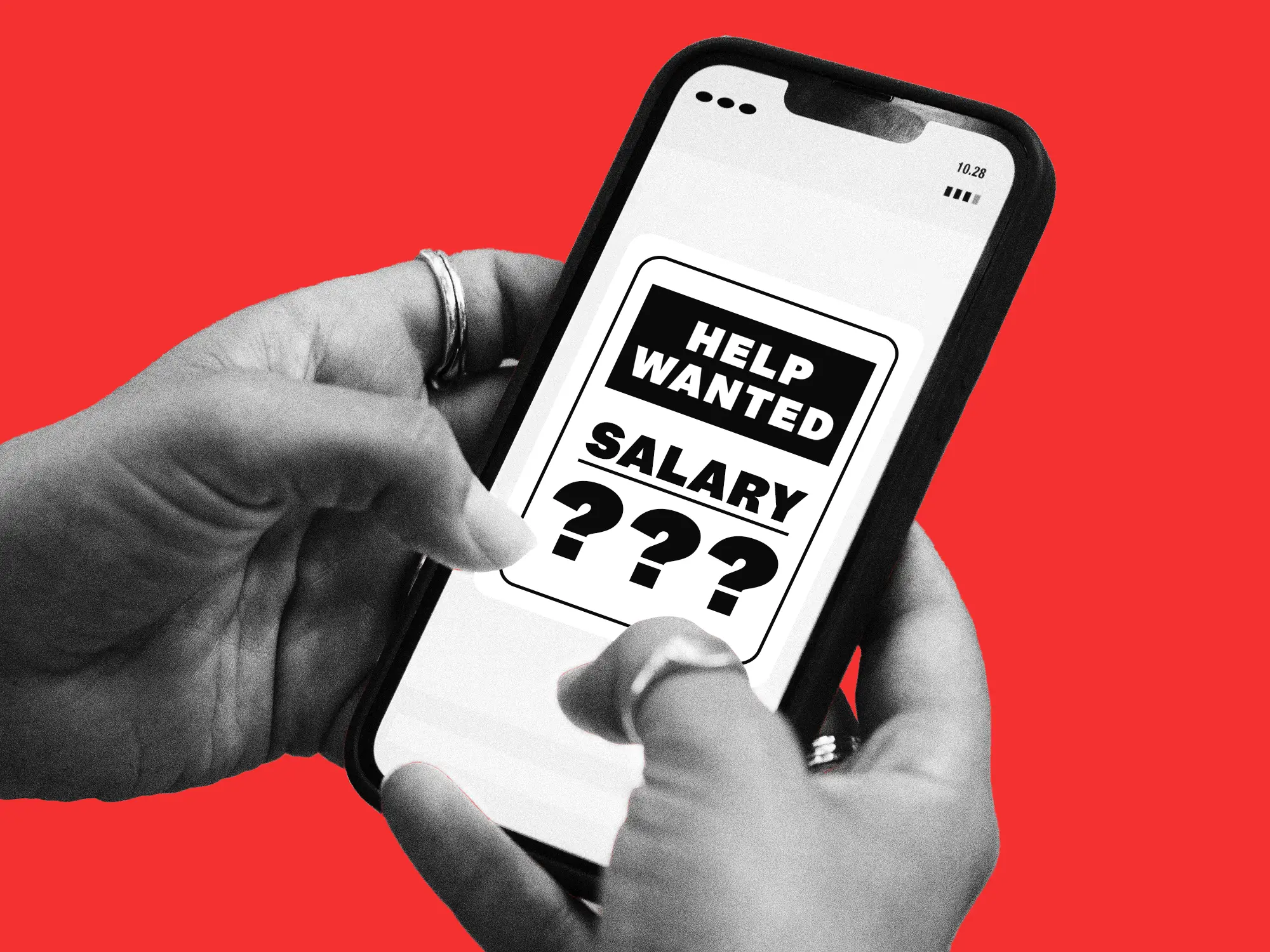 A phone showing a job listing and a salary of 
