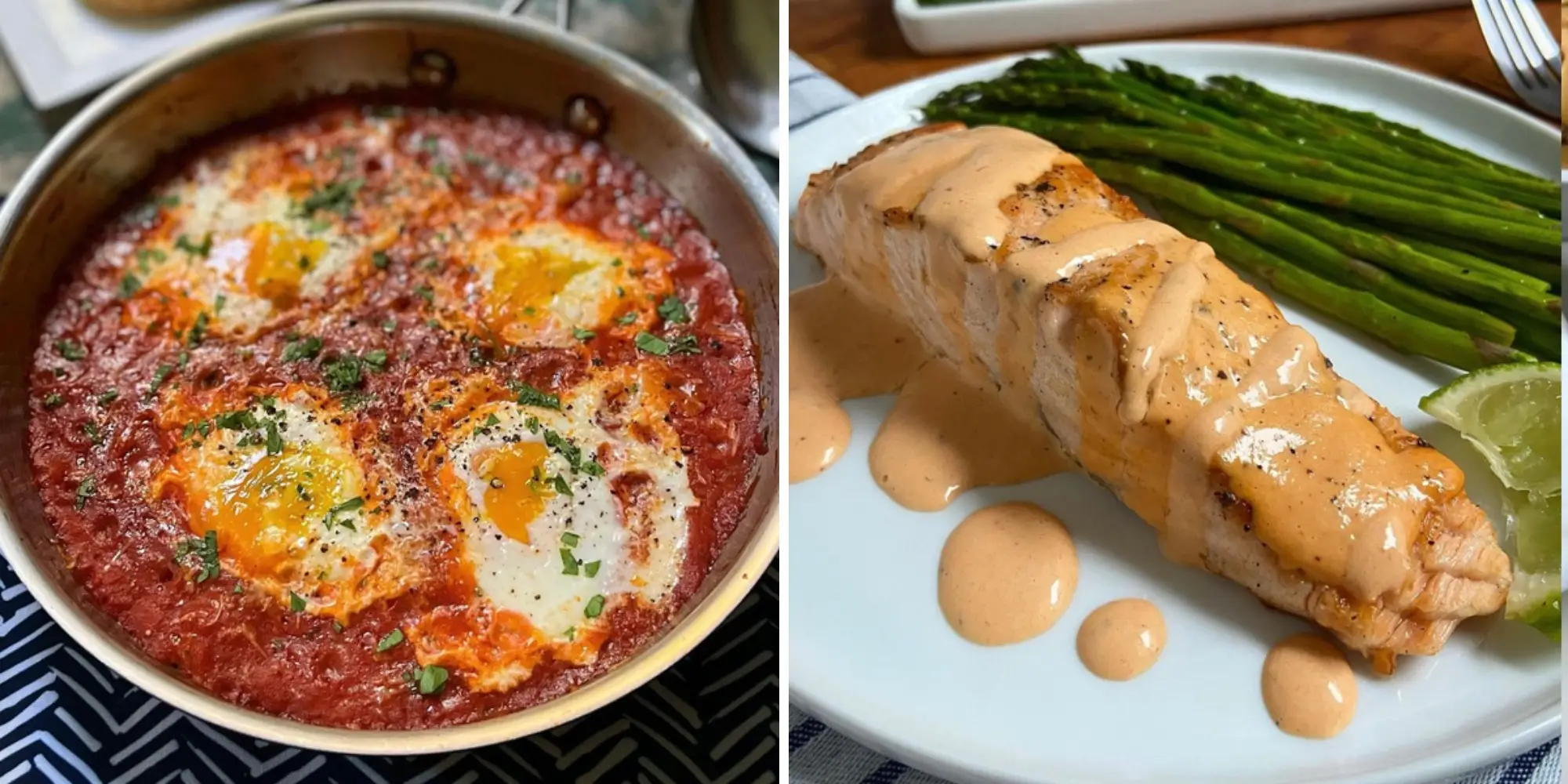 A composite image of eggs in purgatory in a pot and salmon with asparagus on a plate