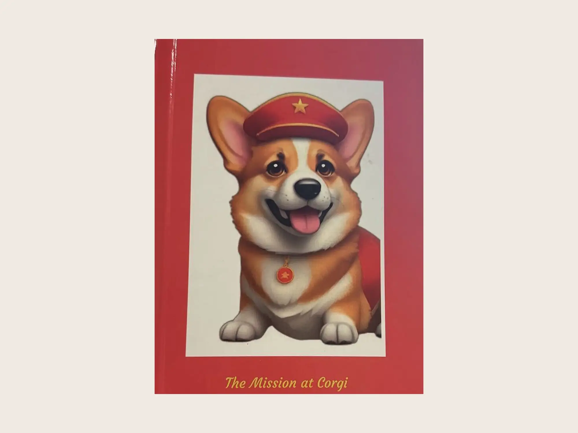 Red book cover featuring a smiling illustrated corgi in a red cap above the title “The Mission at Corgi.”