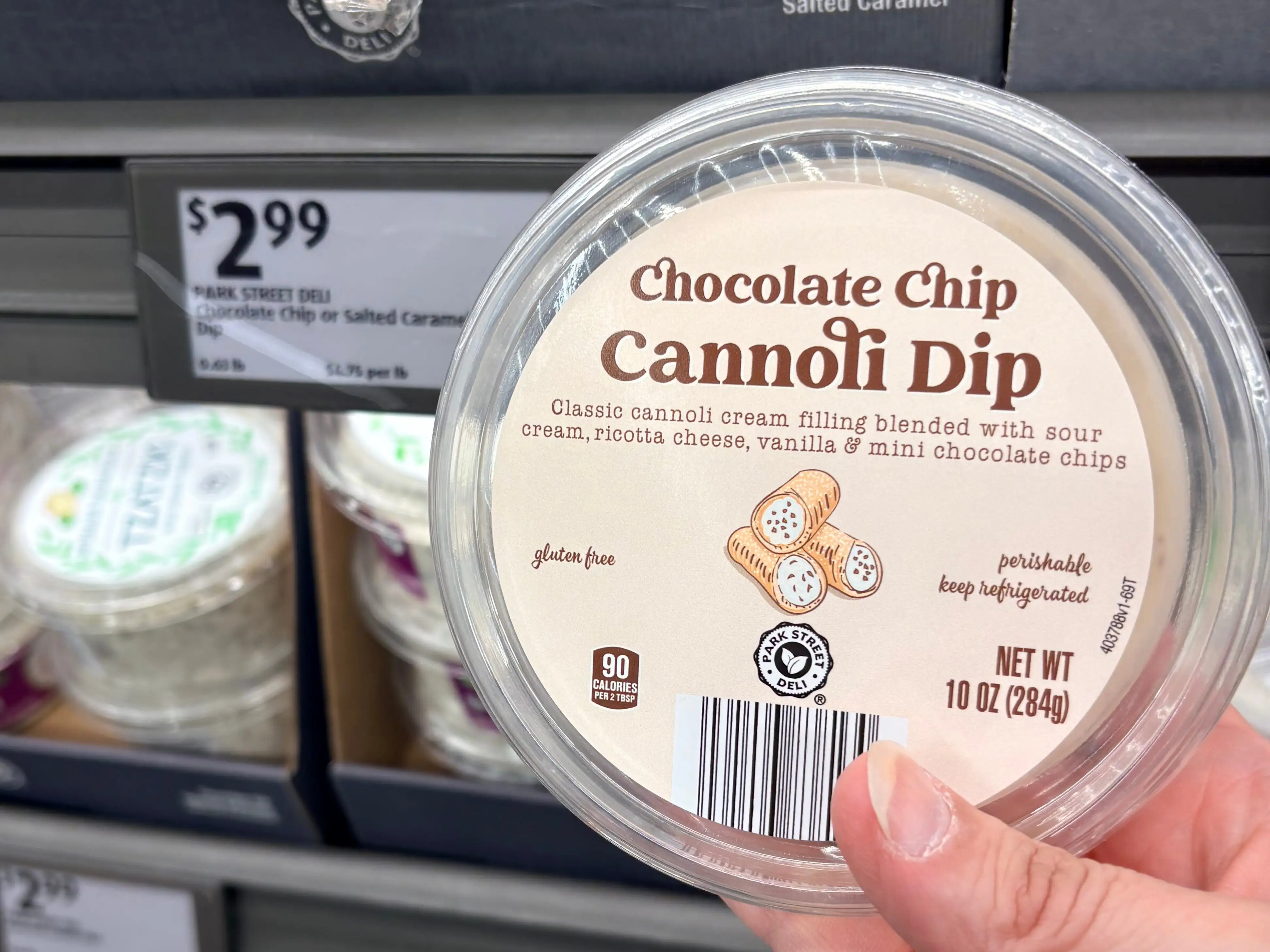 The writer is holding a container of Park Street Deli chocolate chip cannoli dip at Aldi.