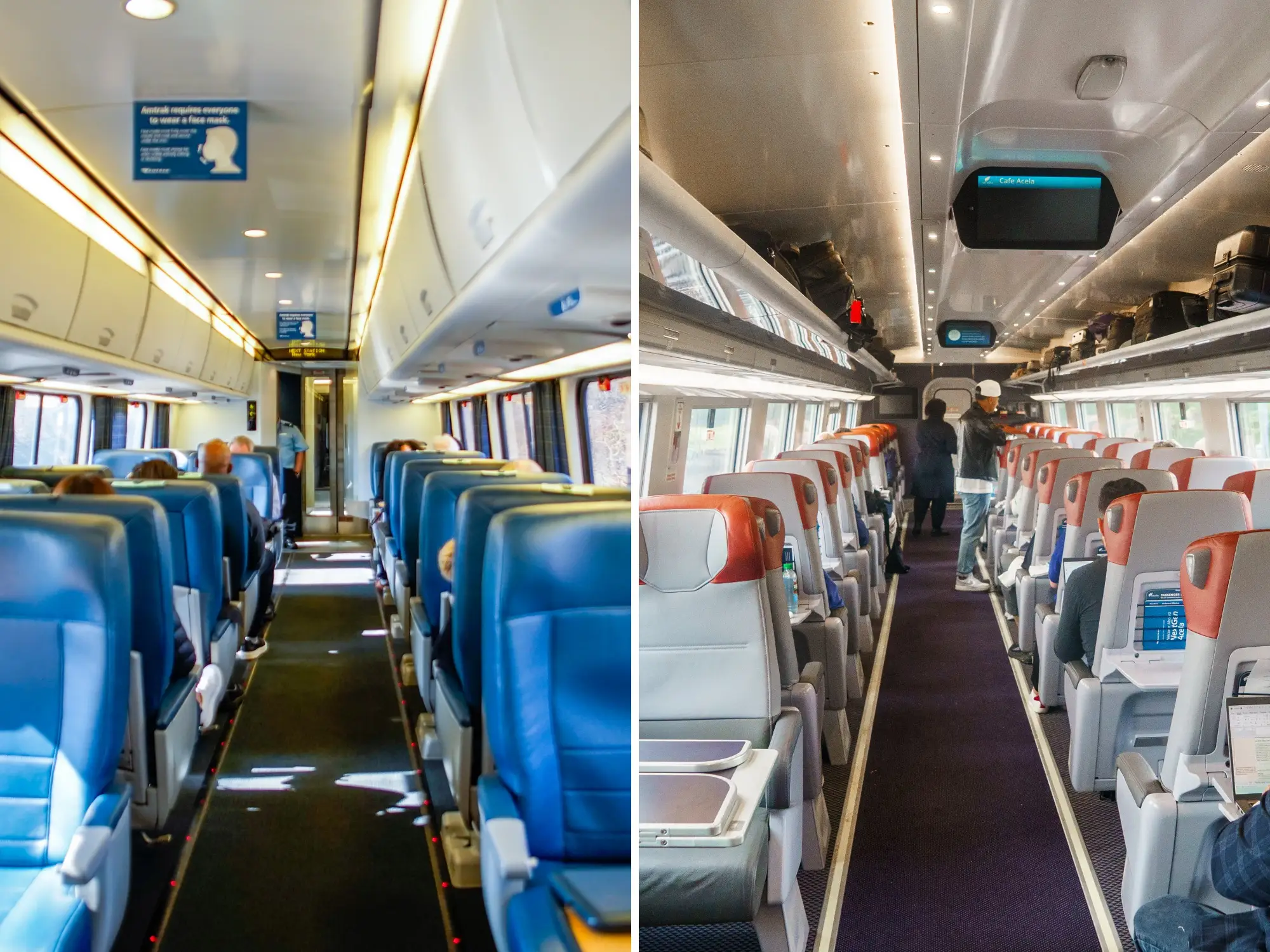 Side-by-side Amtrak Acela train first class carriage interiors show rows of seats, overhead luggage racks, and passengers in aisles.