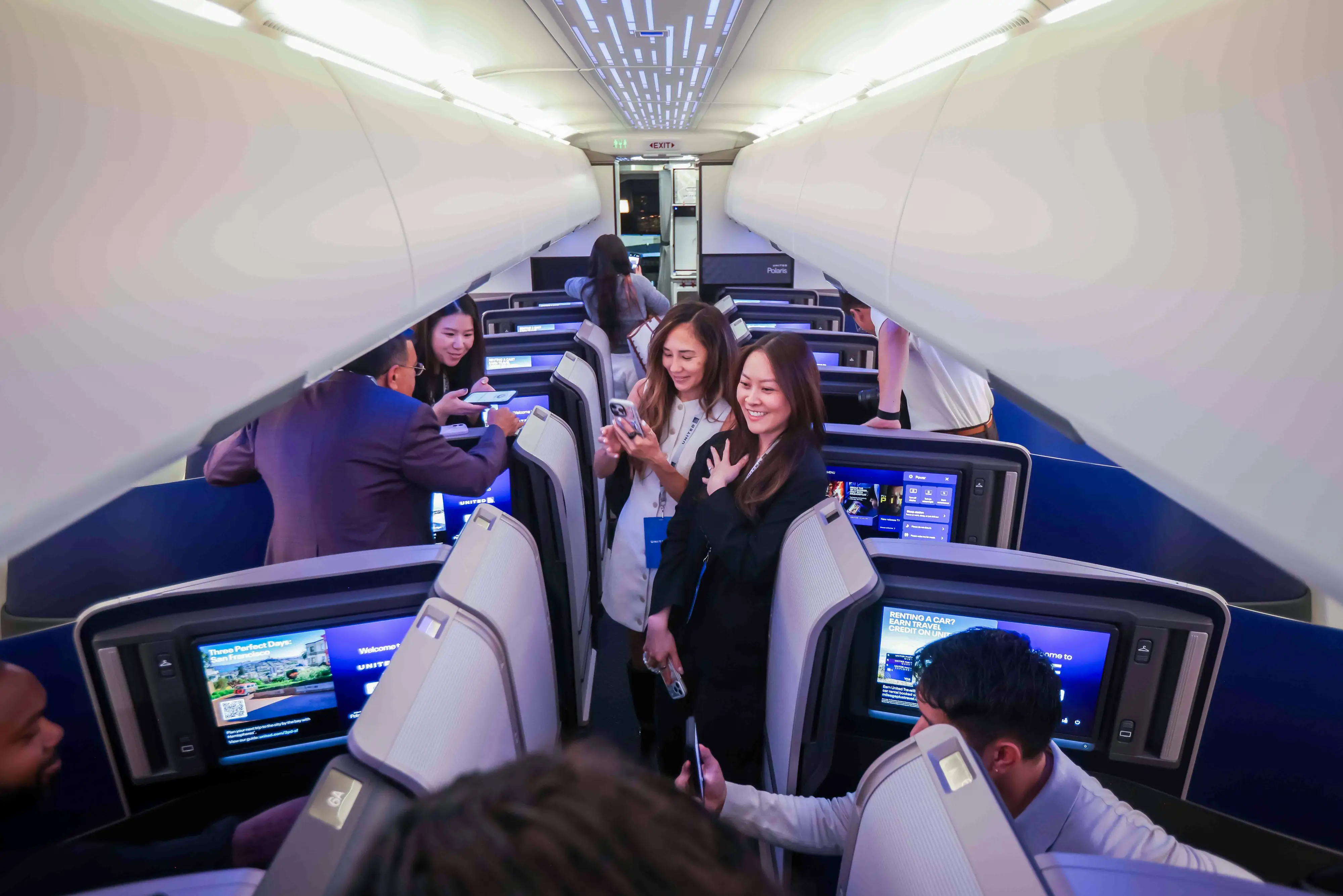 Guests tour United Polaris seating on an Airbus A321XLR during an unveiling event at Newark Liberty International Airport (EWR) in Newark, New Jersey, US, on Tuesday, Aug. 25, 2026