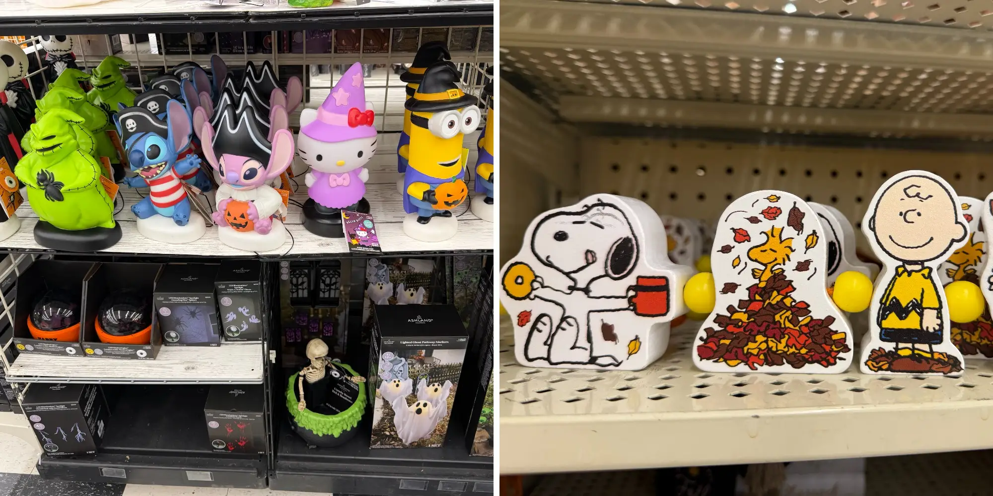 Side by side of lilo, stitch, hello kitty, minion halloween decor at Michaels next to Peanuts Halloween decor at Hobby Lobby