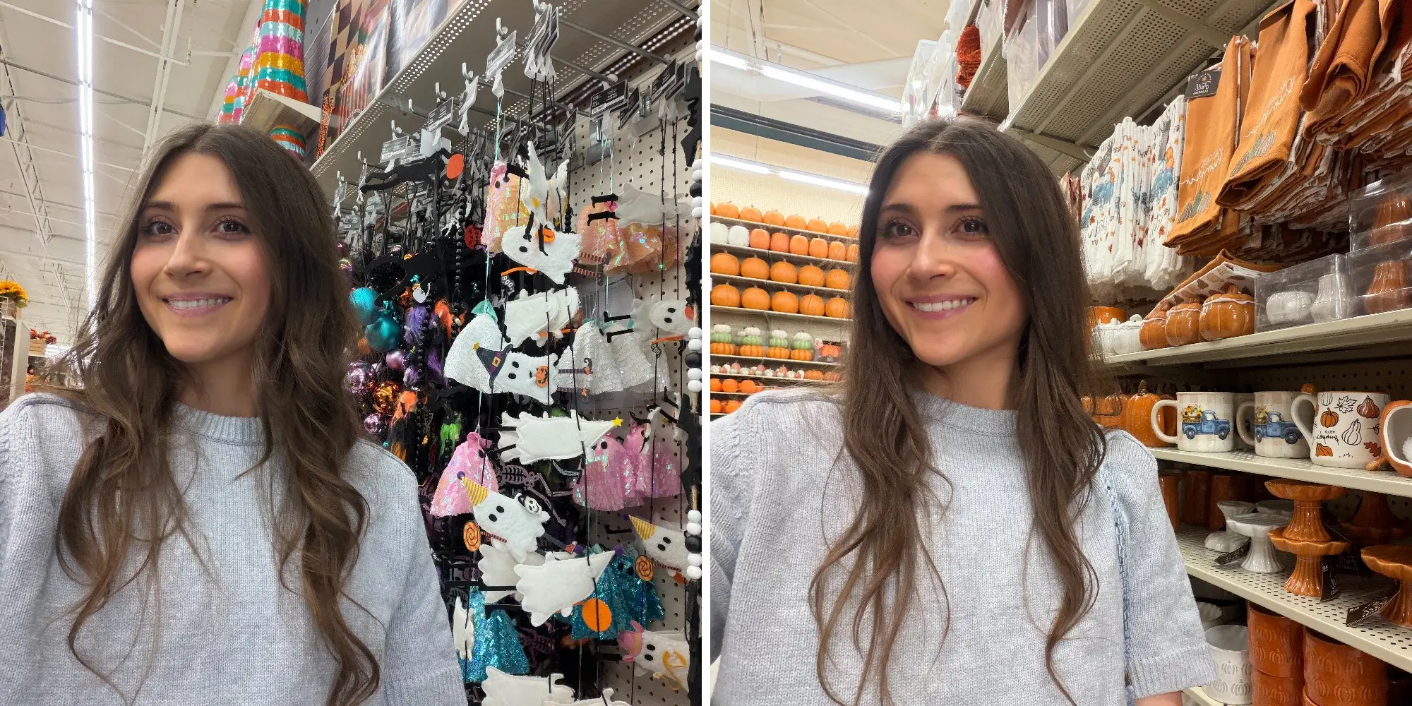 Side by side of Savannah Born with Michaels Halloween aisle next to Savannah at Hobby Lobby fall decor aisle