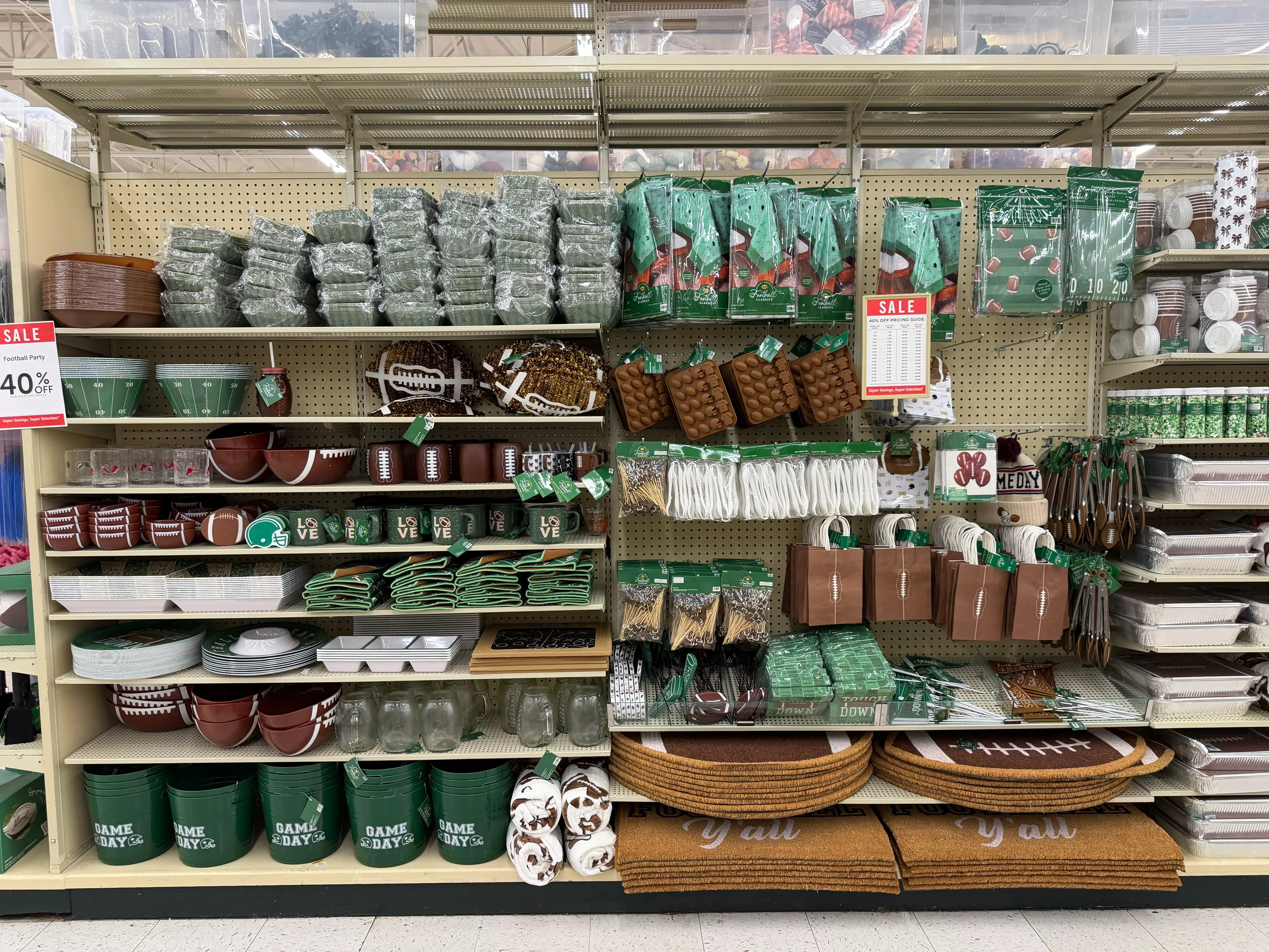 Football-themed doormats, bowls, bags, and other decor at Hobby Lobby